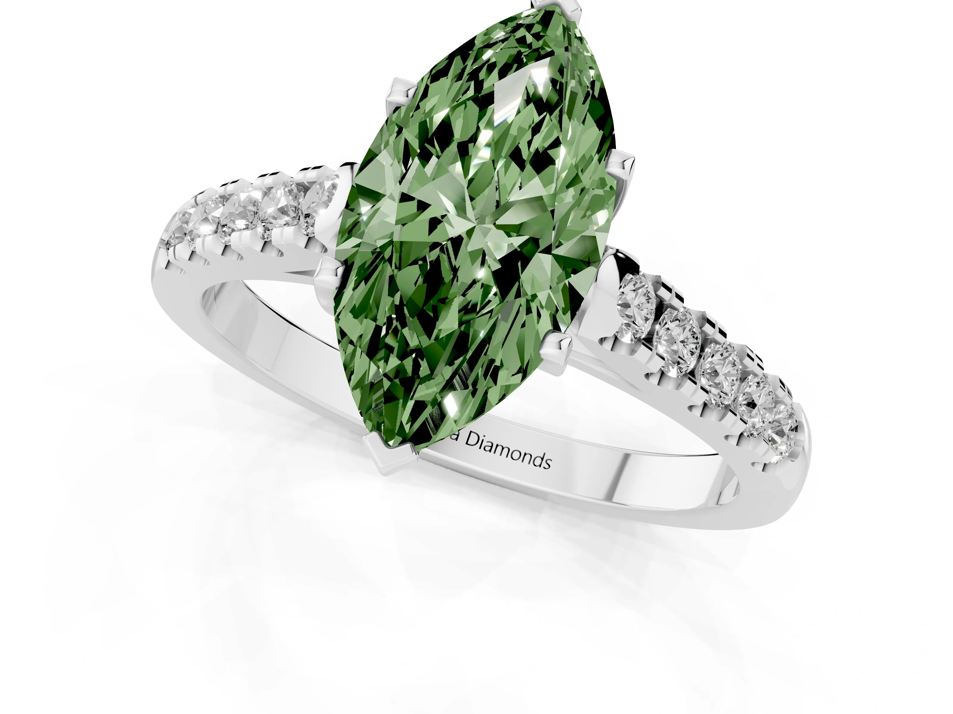 Fancy Green Marquise Cut Diamond Pavé Band Solitaire Ring Set in White gold with Partway Accent Stones and Prong Setting