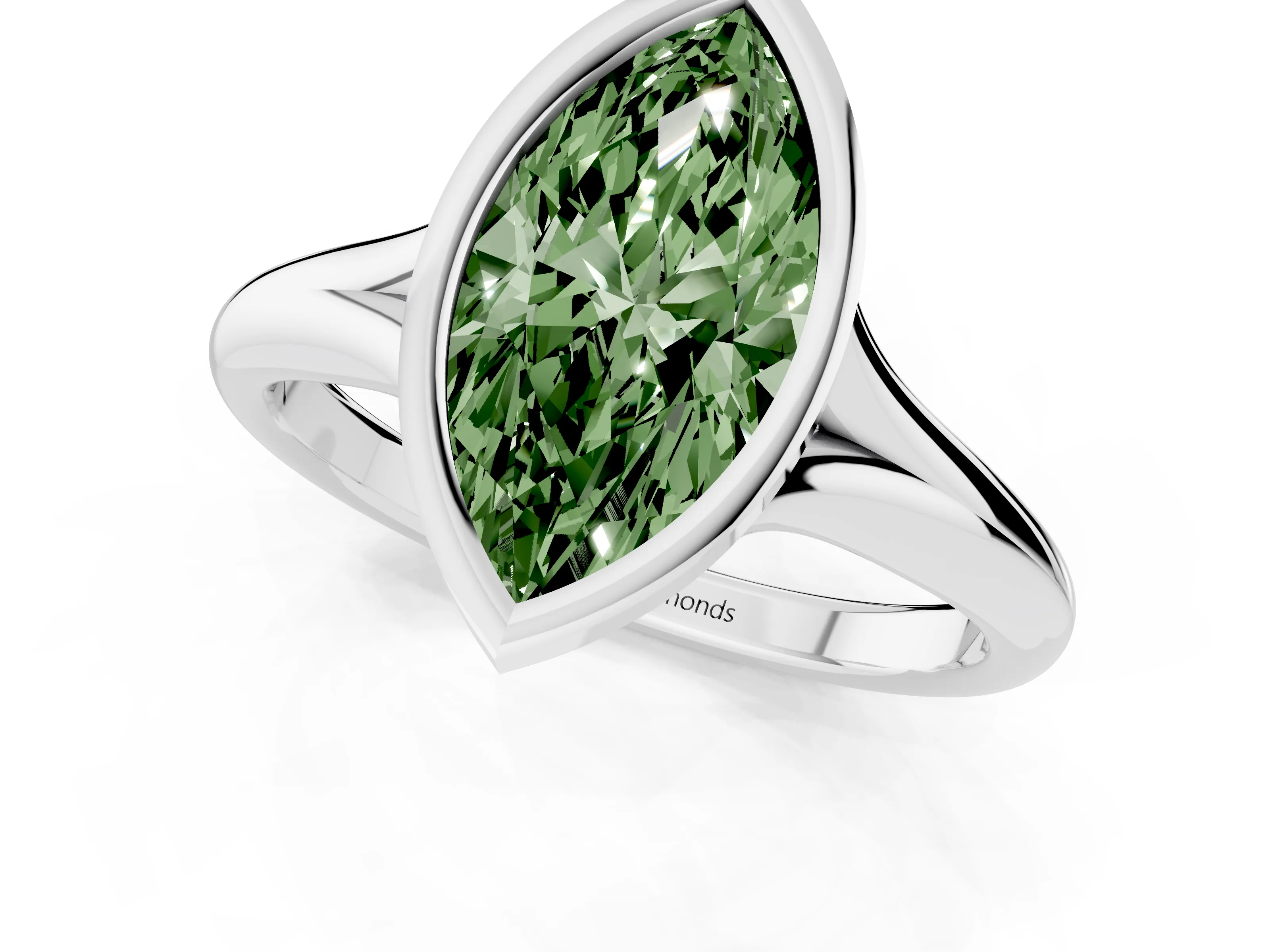 Fancy Green Bezel Set Marquise Cut Diamond Solitaire Ring Set in Platinum with Smooth Band