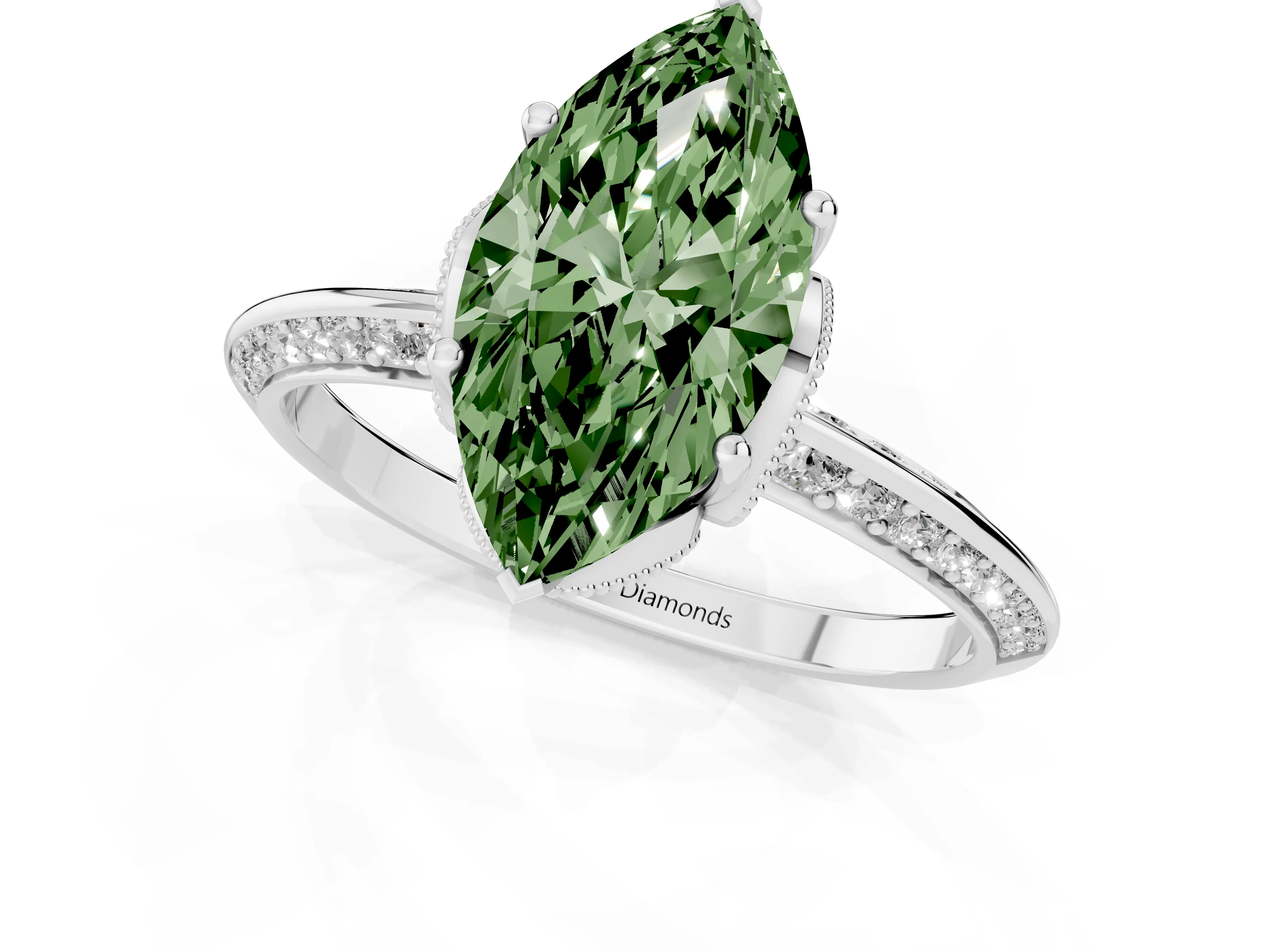 Fancy Green Marquise Cut Diamond Solitaire Engagement Ring Set in Silver with Pavé Split Shank and Prong Setting