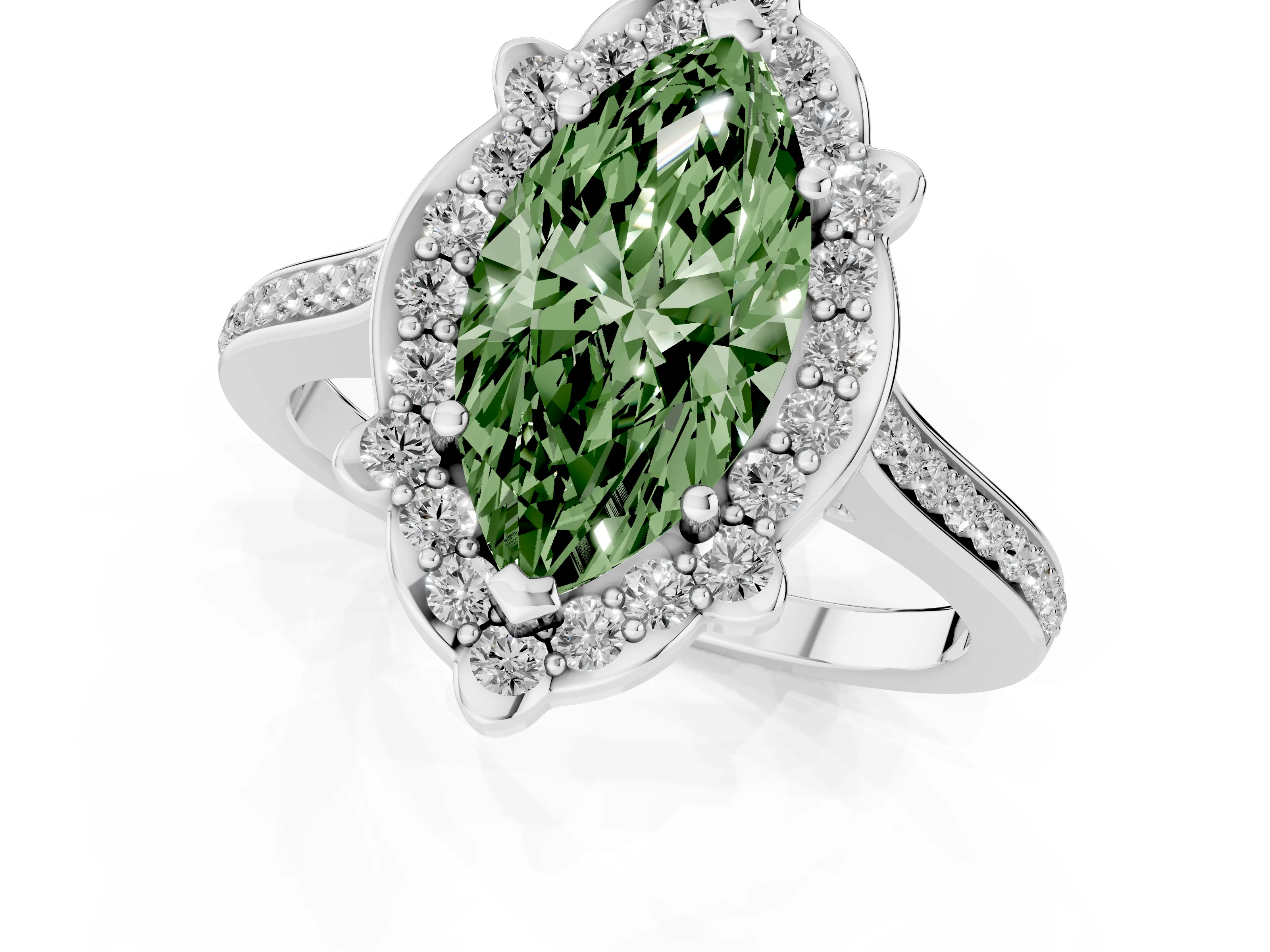Fancy Green Marquise Cut Diamond Halo Ring Set in White gold with Pavé-Lined Shoulders and Prong Setting