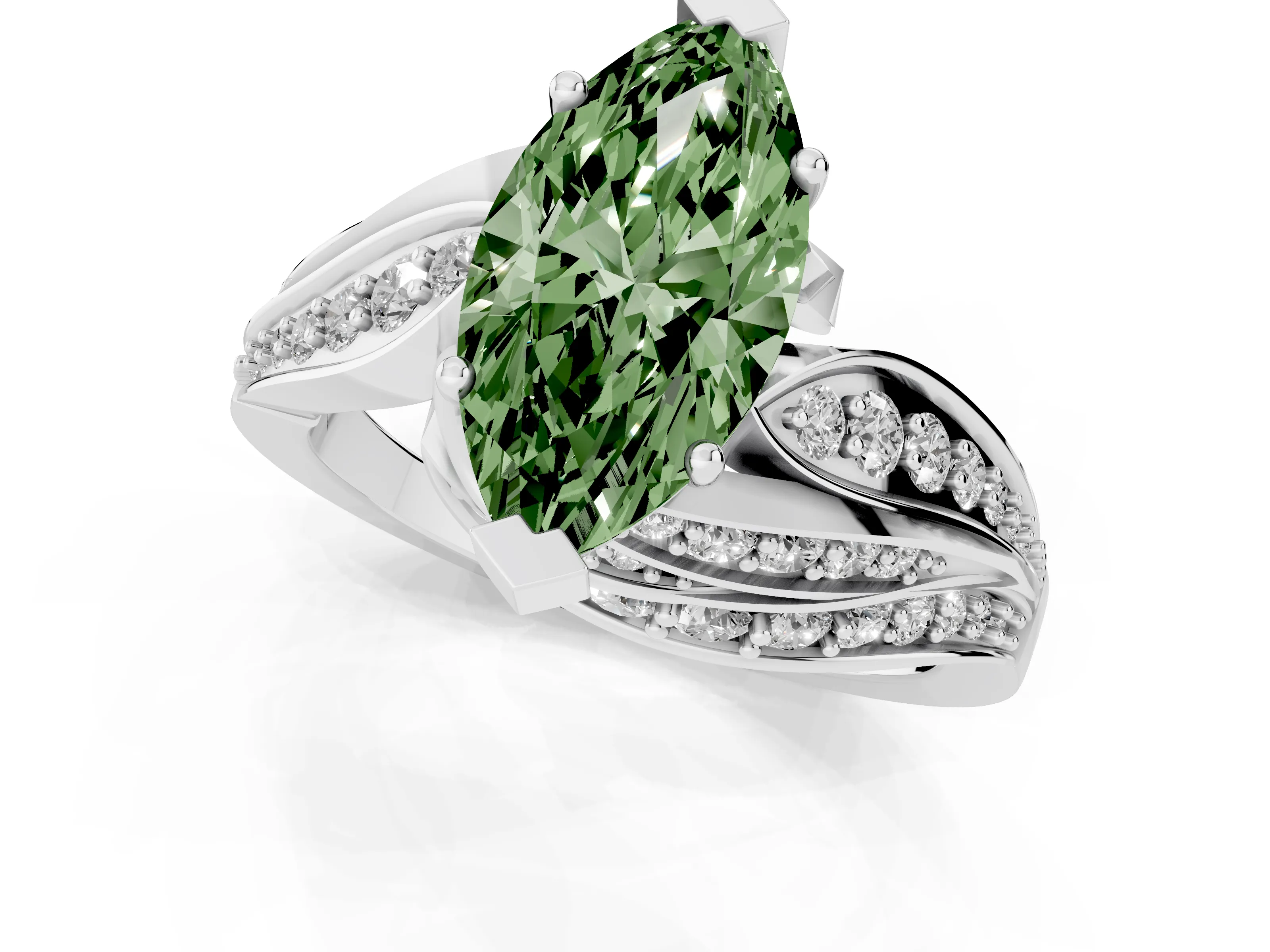 Fancy Green Marquise Cut Diamond Solitaire Ring Set in Platinum with Layered Twist Pavé Band