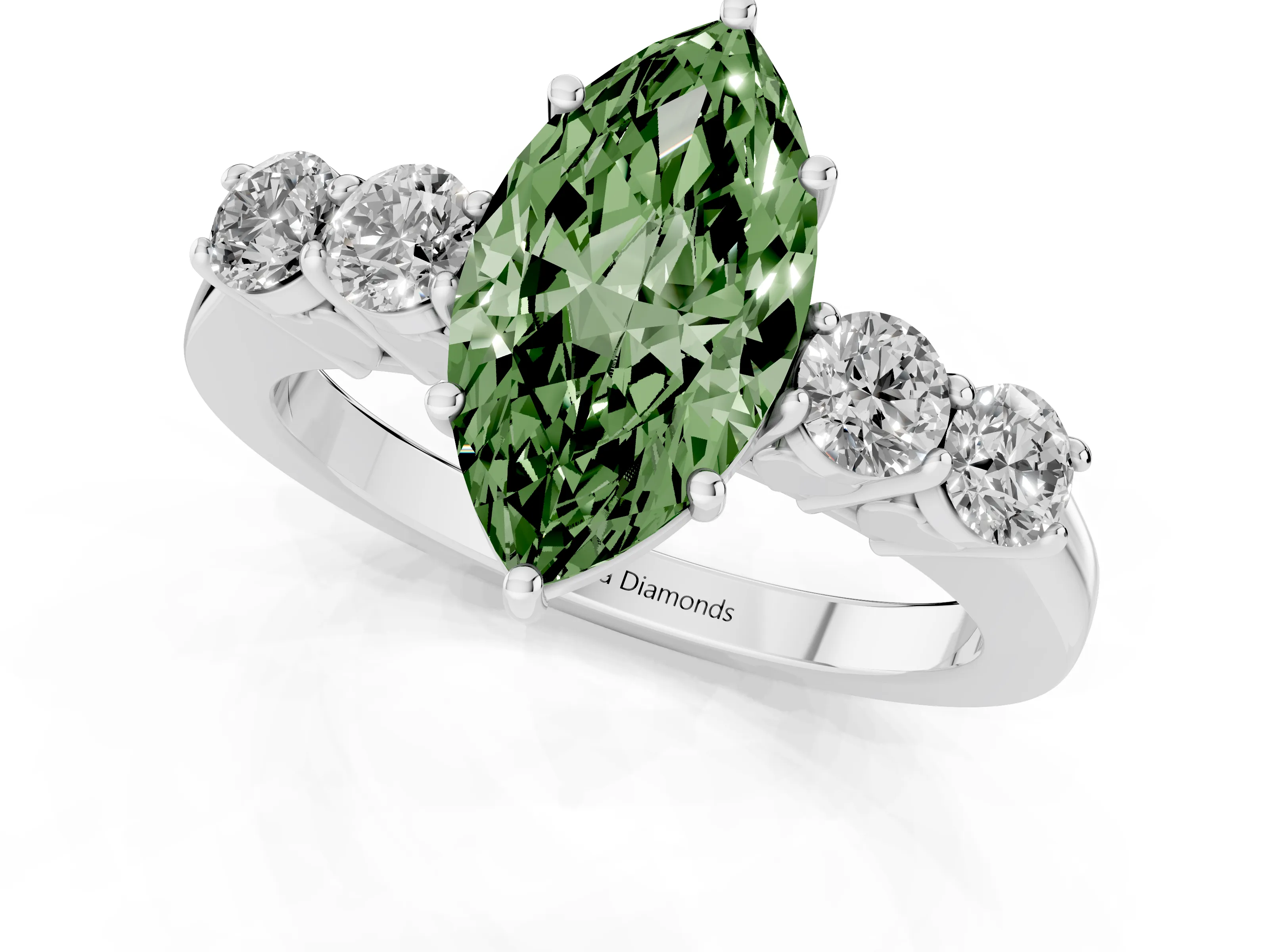 Fancy Green Marquise Cut Diamond Five-Stone Prong Set Band Ring Set in White gold with Polished Band