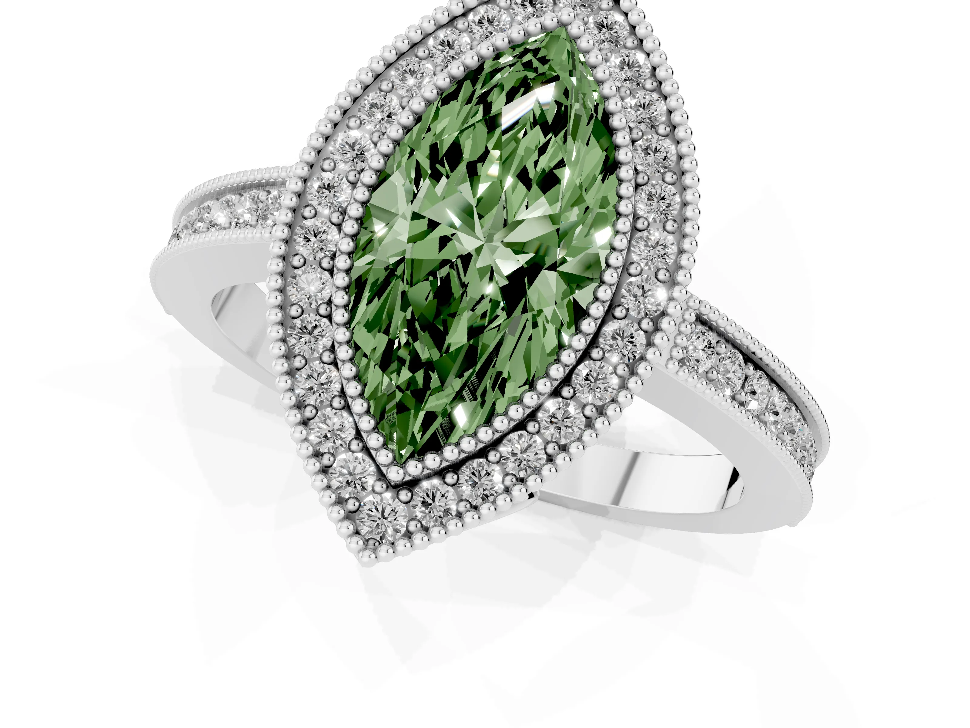 Fancy Green Marquise Cut Diamond Halo Ring Set in White gold with Pavé Band and Milgrain-Edged Prongs