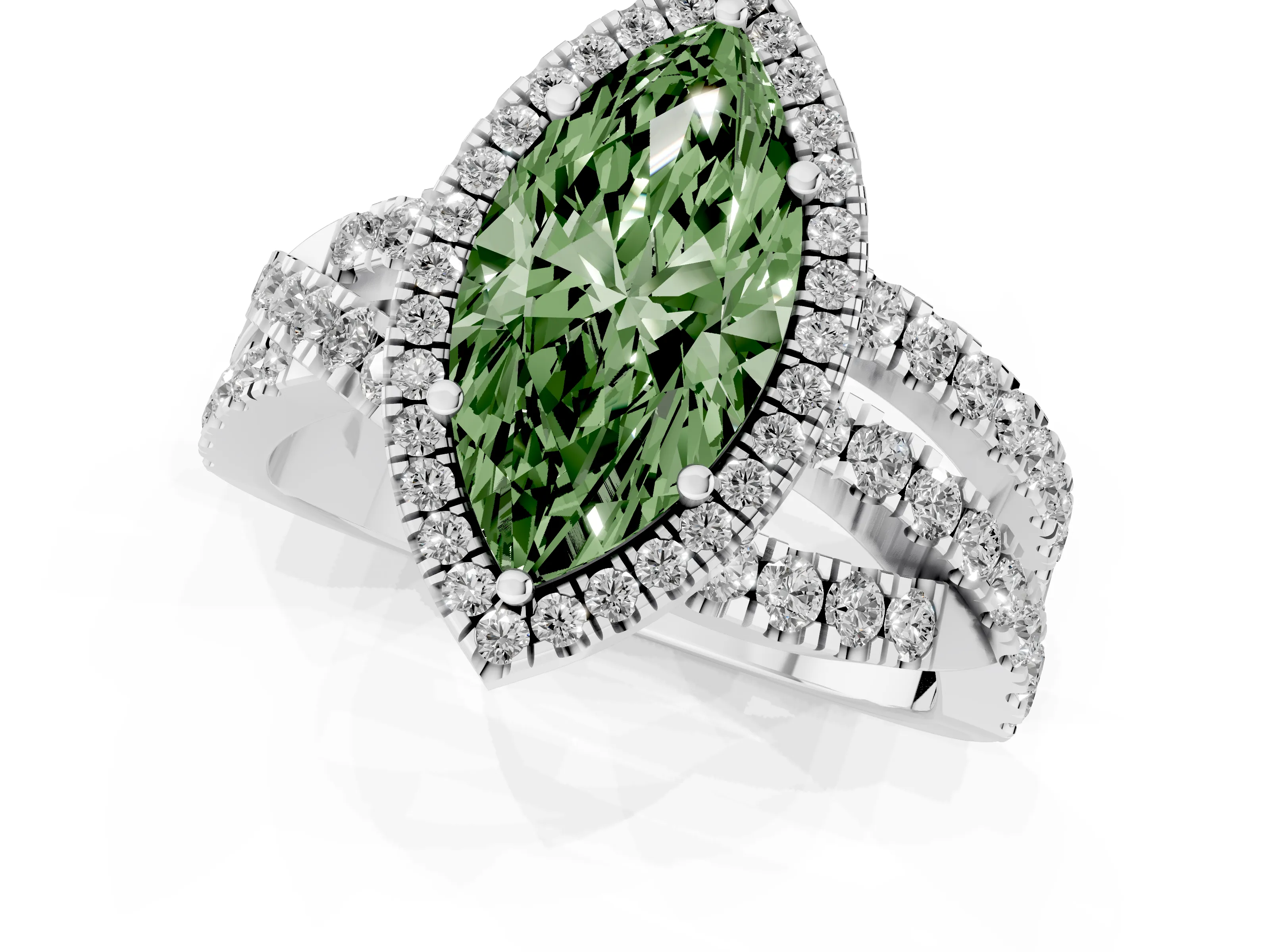 Fancy Green Marquise Cut Diamond Halo Ring Set in Platinum with Round Crossover Split Shank and Prong Setting