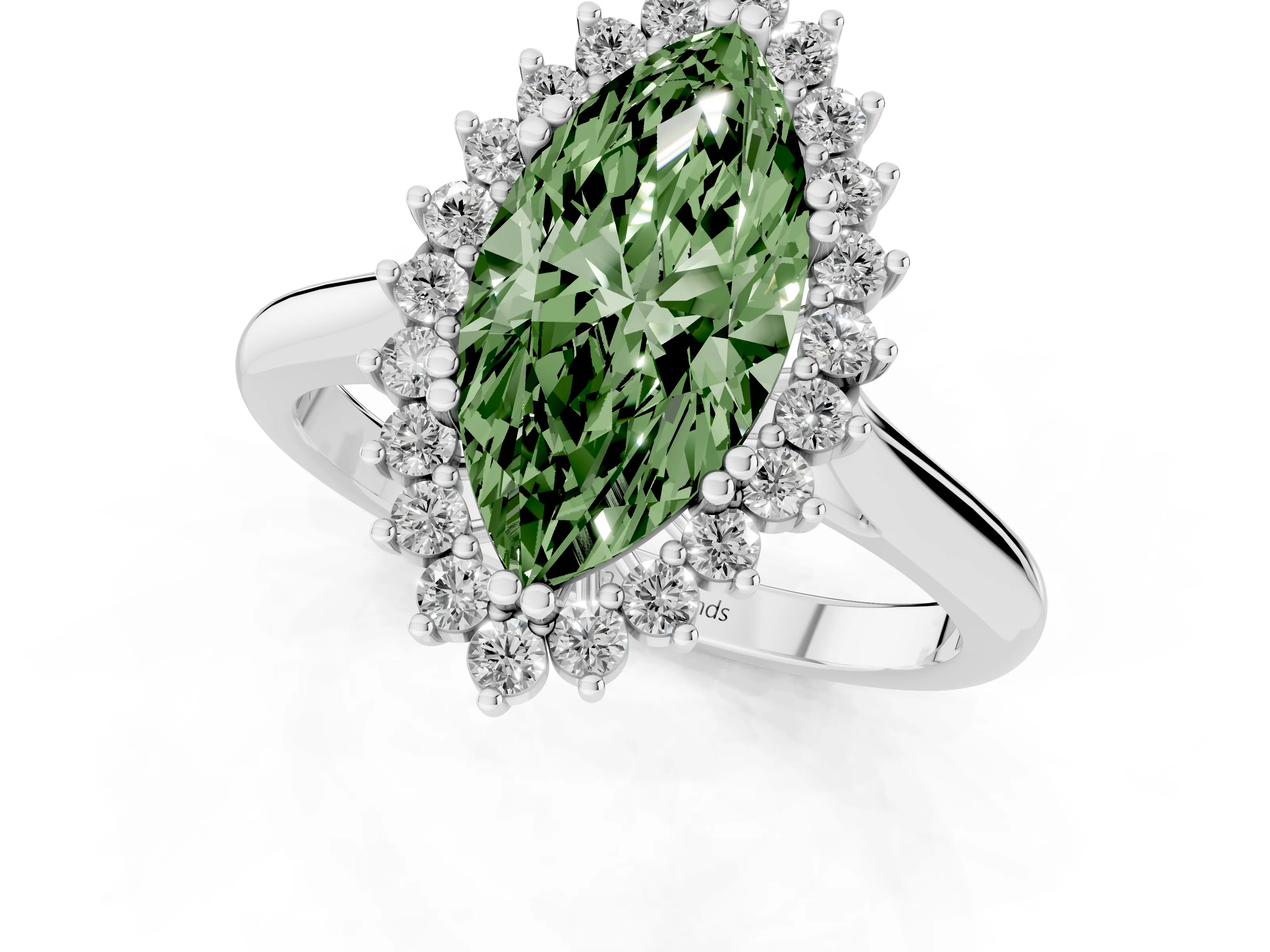 Fancy Green Marquise Cut Diamond Halo Ring Set in Silver with Plain Solitaire Band and Prong Setting