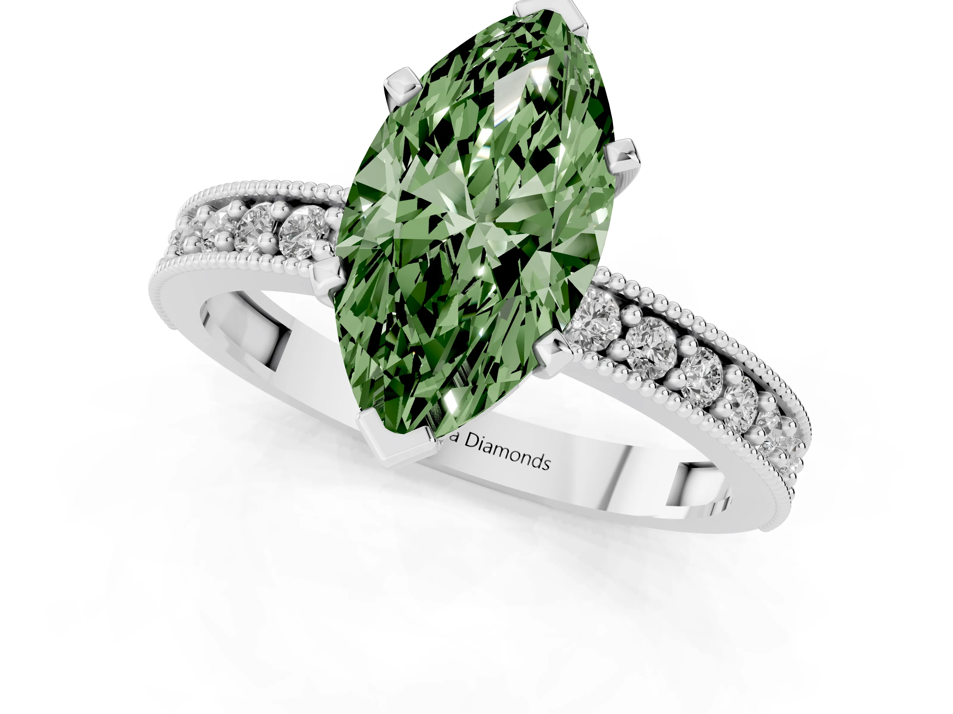 Fancy Green Marquise Cut Diamond Milgrain Pavé Engagement Ring Set in Platinum with Prong Setting