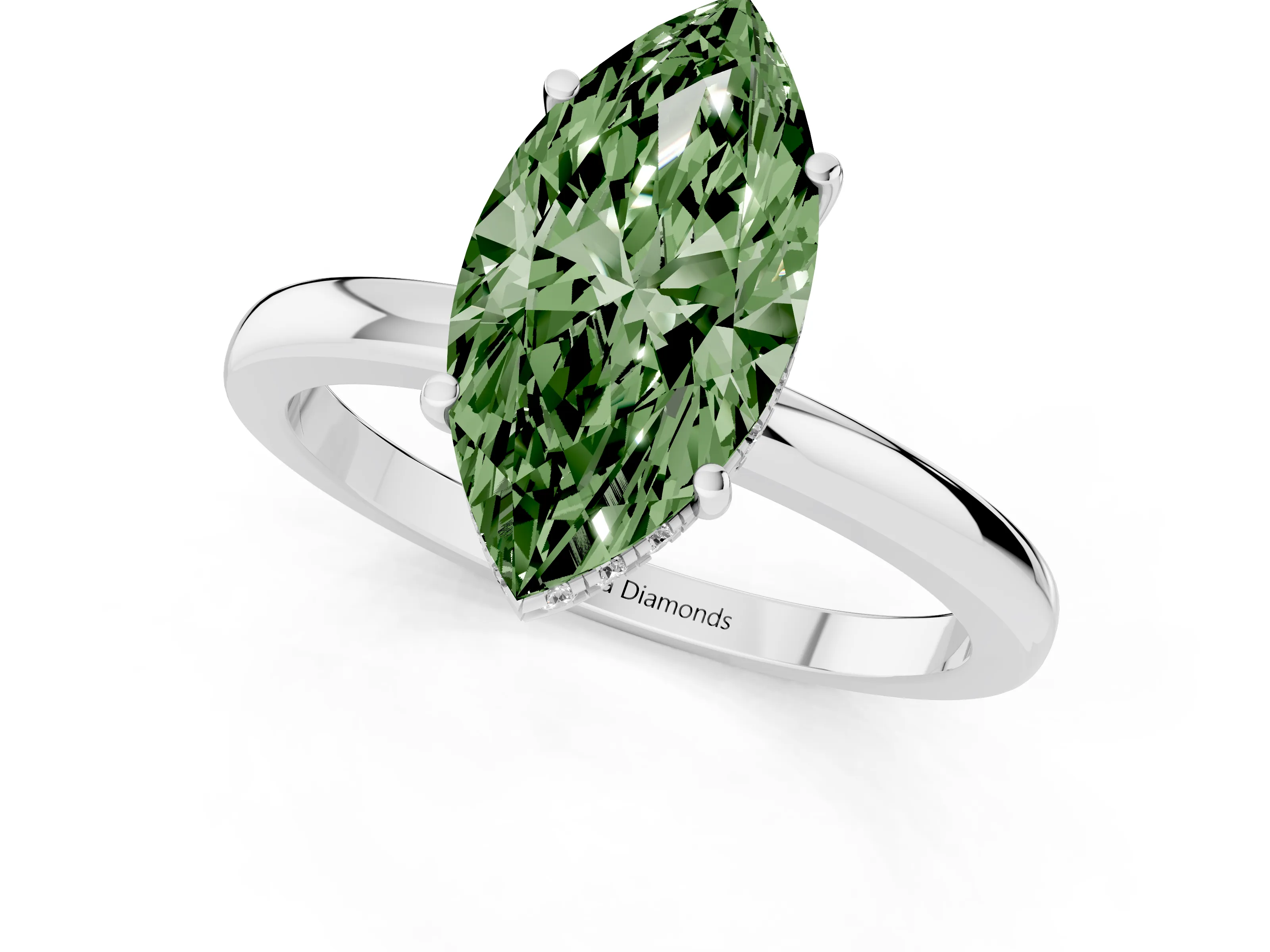 Fancy Green Marquise Cut Diamond Solitaire Ring Set in White gold with Plain Band and Prong Setting
