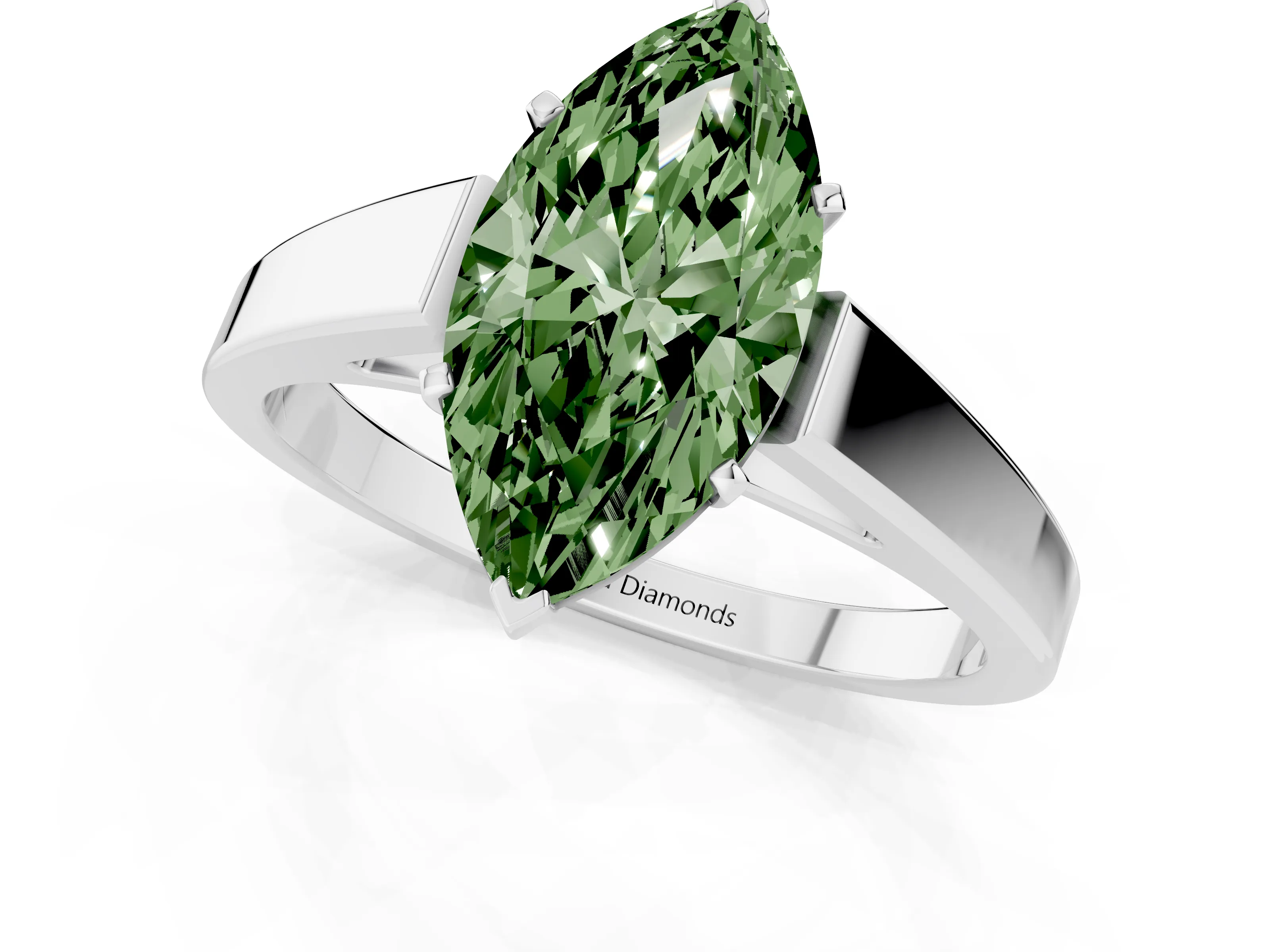 Fancy Green Marquise Cut Diamond Solitaire Engagement Ring Set in Platinum with Prong Setting and Tapered Band