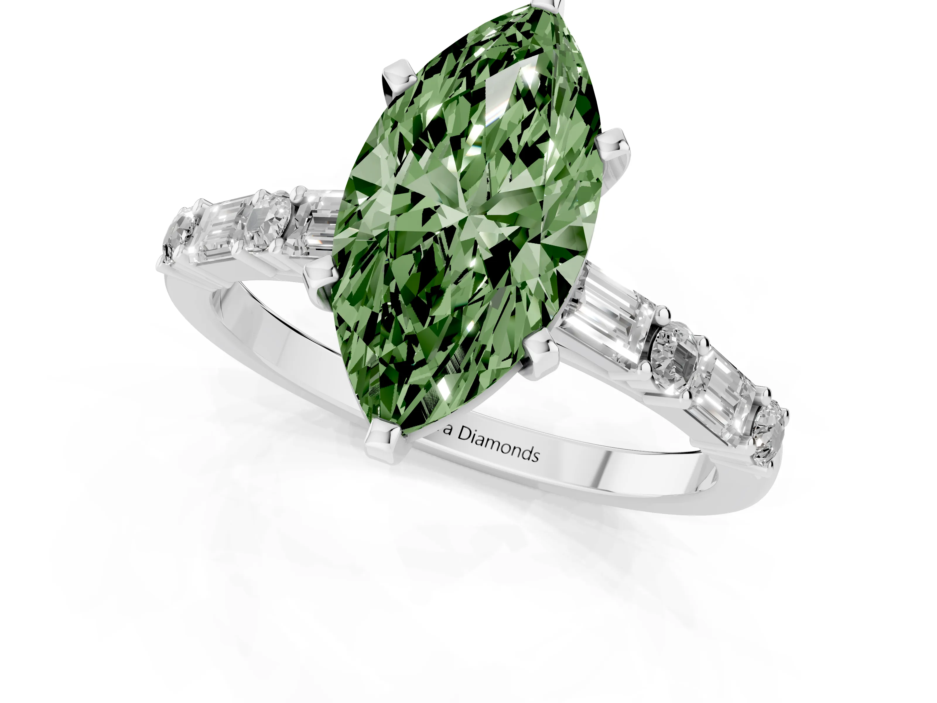 Fancy Green Marquise Cut Diamond Solitaire Set in Platinum with Side Baguettes and Channel Set Band