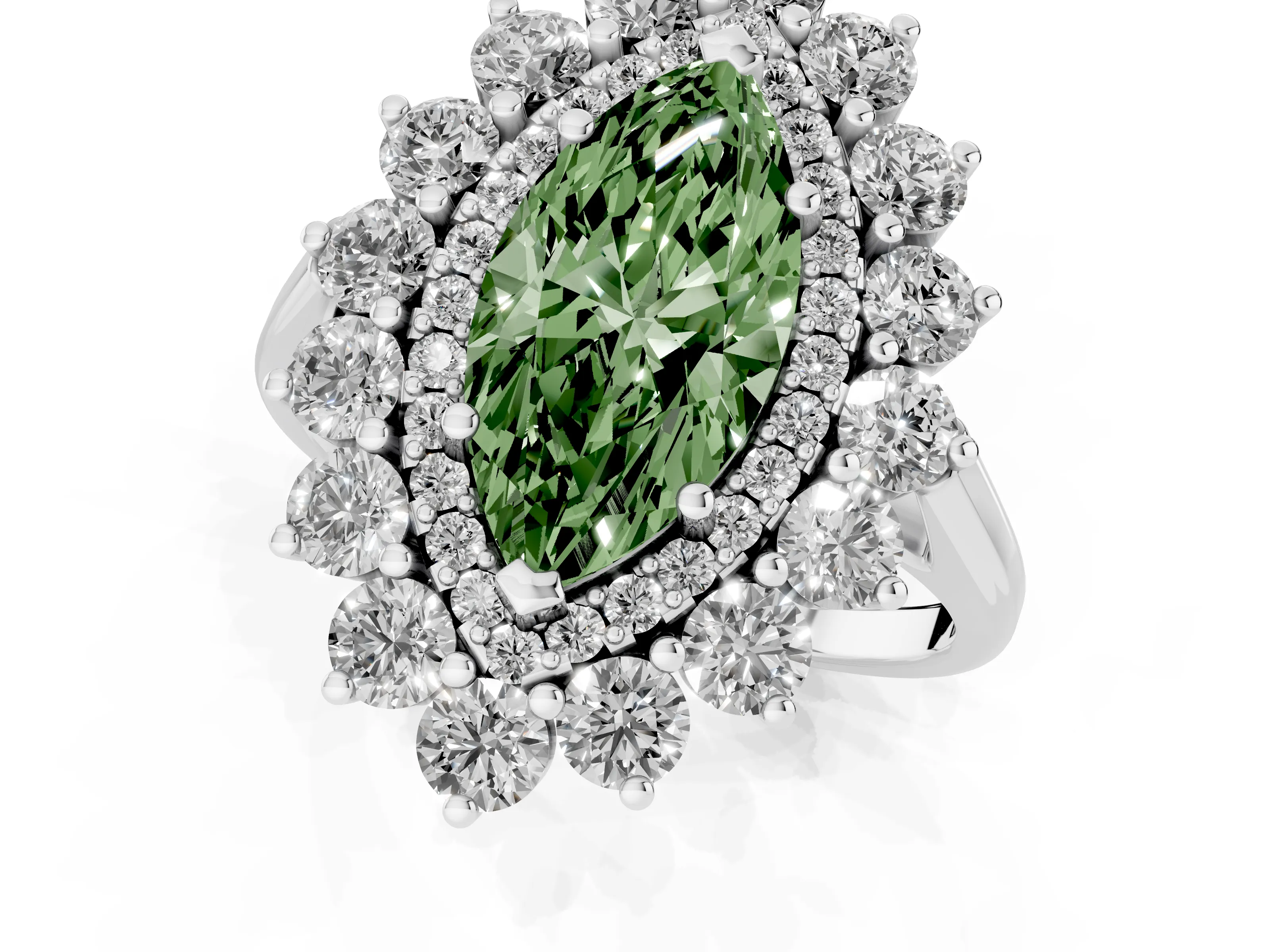 Fancy Green Marquise Cut Diamond Floral Double Halo Ring Set in Silver with Round Petals