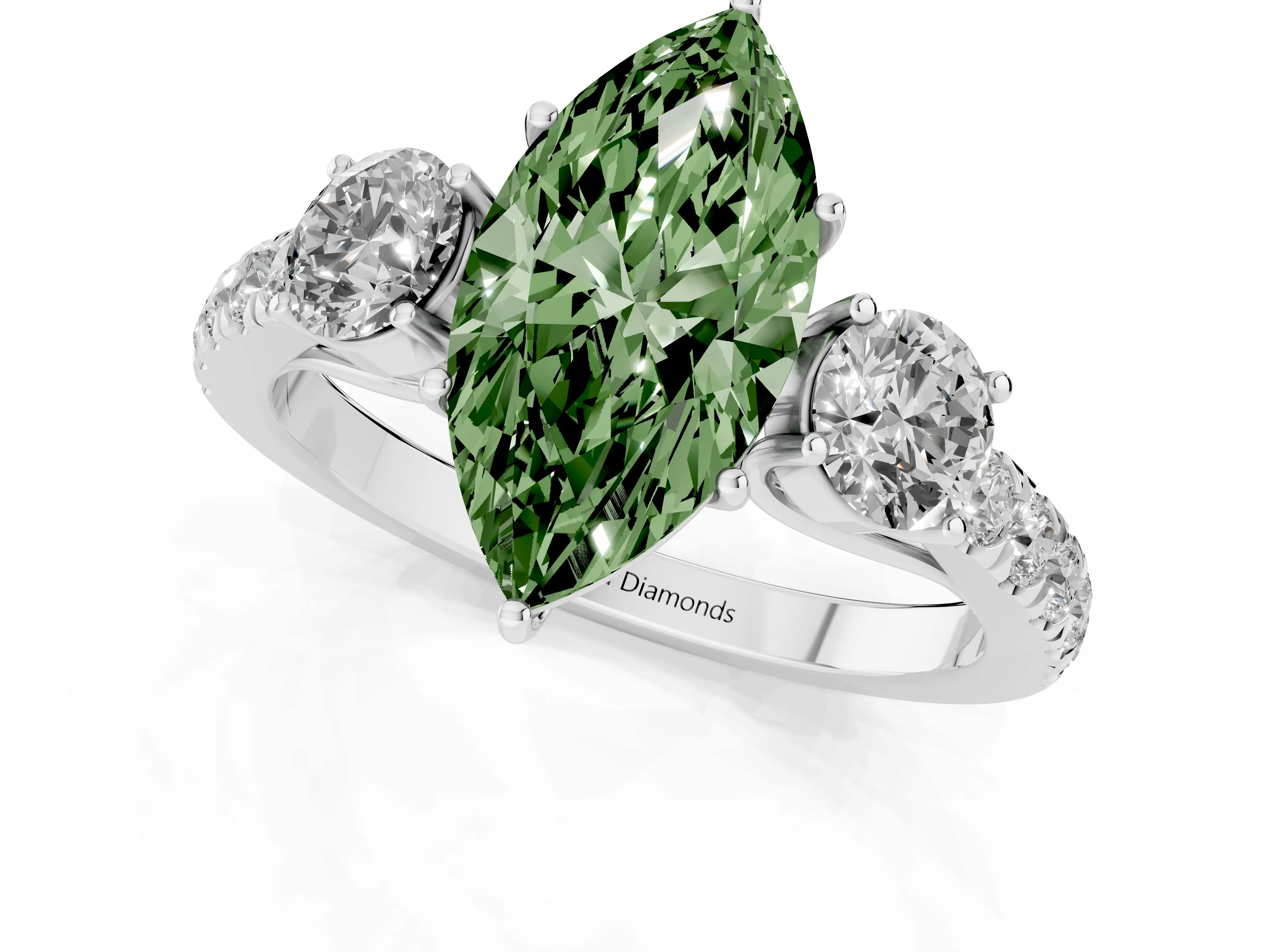 Fancy Green Marquise Cut Diamond Three-Stone Ring Set in Silver with Round Side Stones and Delicate Pavé Band