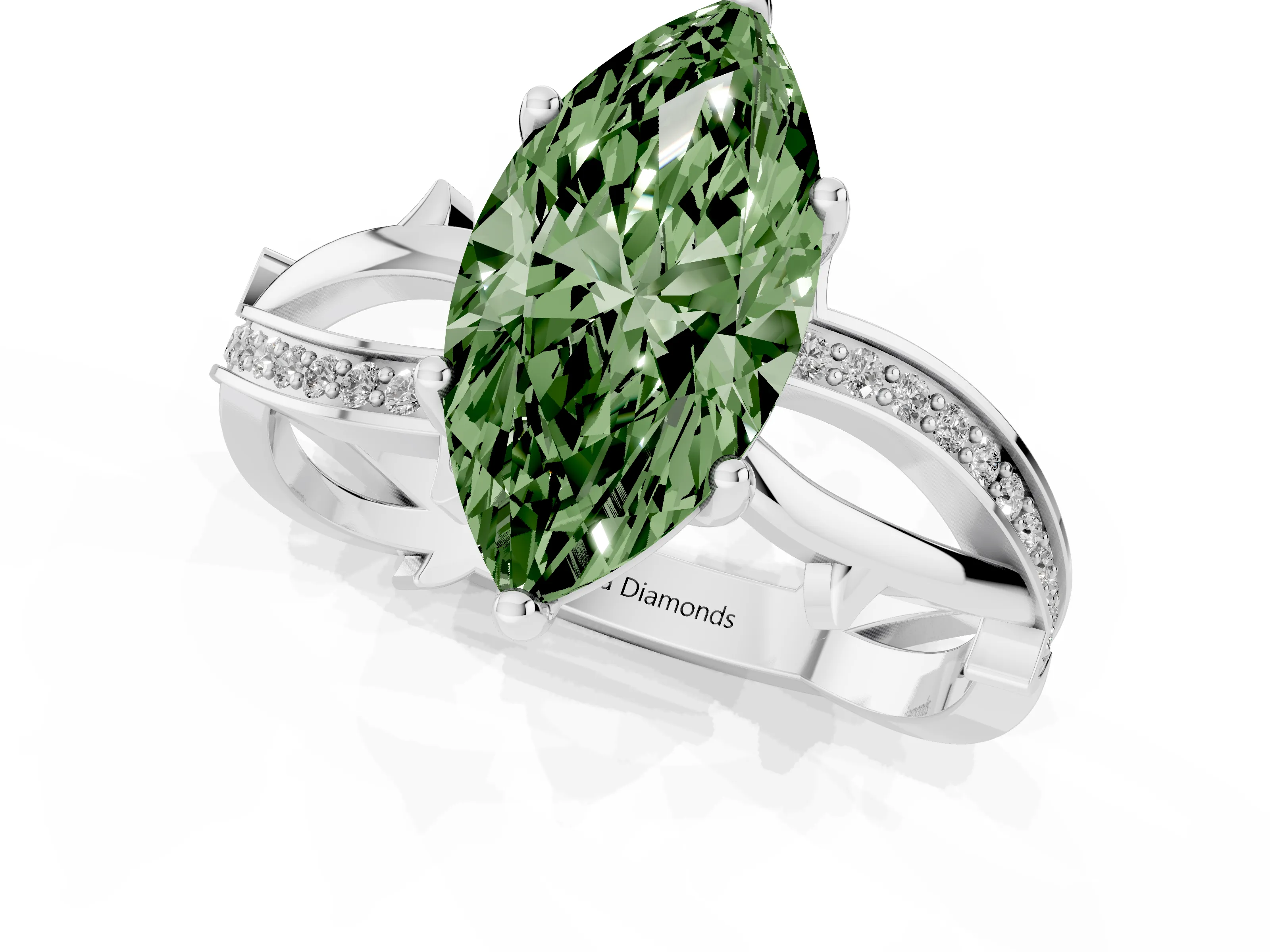 Fancy Green Marquise Cut Diamond Pavé Twist Band Solitaire Ring Set in Silver with Prong Setting