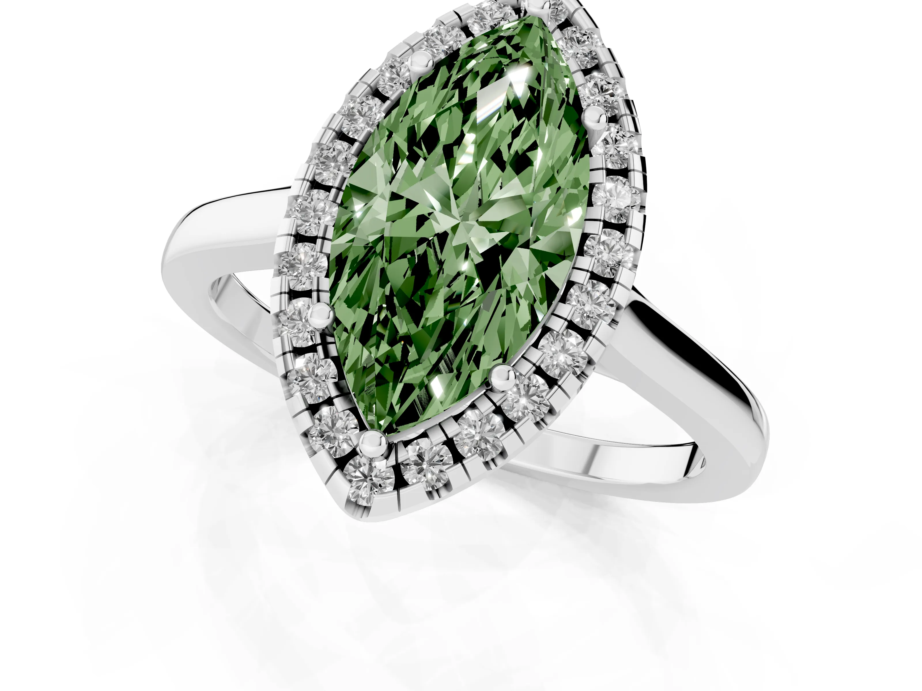 Fancy Green Marquise Cut Halo Round Diamond Solitaire Ring Set in Platinum with Pavé Band and Prong Setting