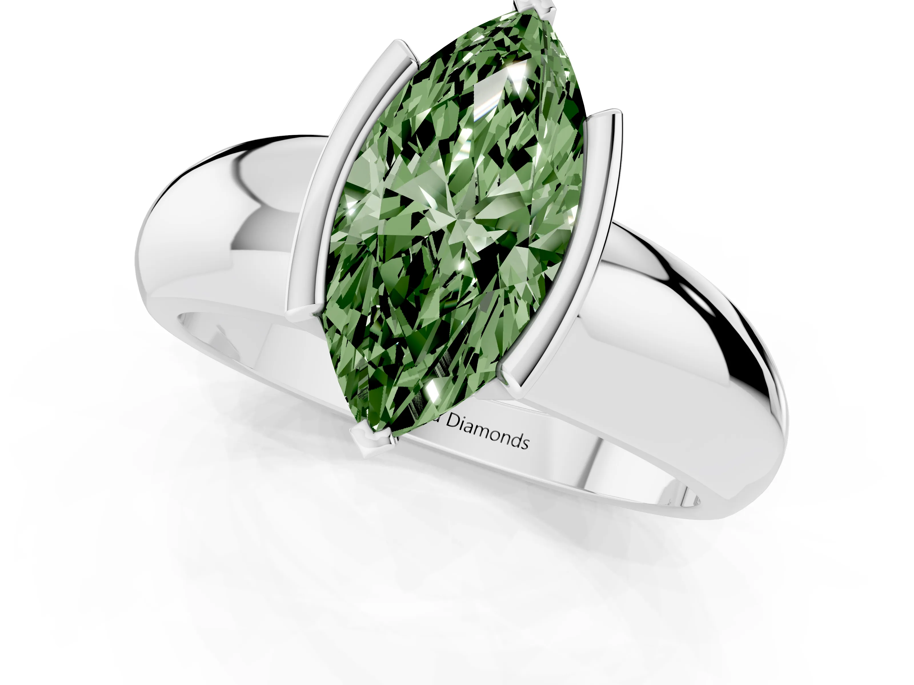 Fancy Green Marquise Cut Diamond Solitaire Tension Set Ring Set in Silver with Wide Band