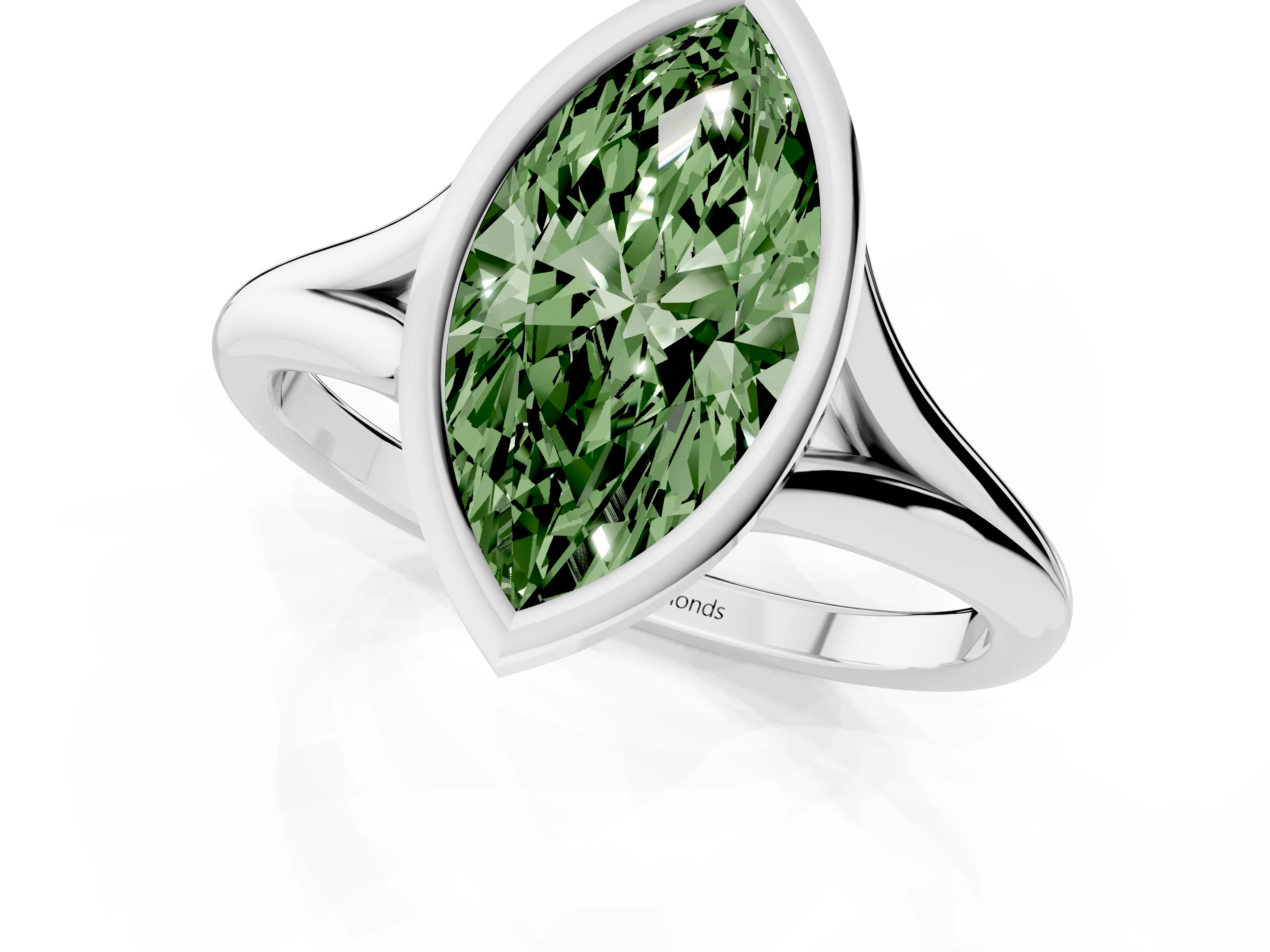 Fancy Green Bezel Set Marquise Cut Diamond Solitaire Ring Set in Silver with Tapered Band