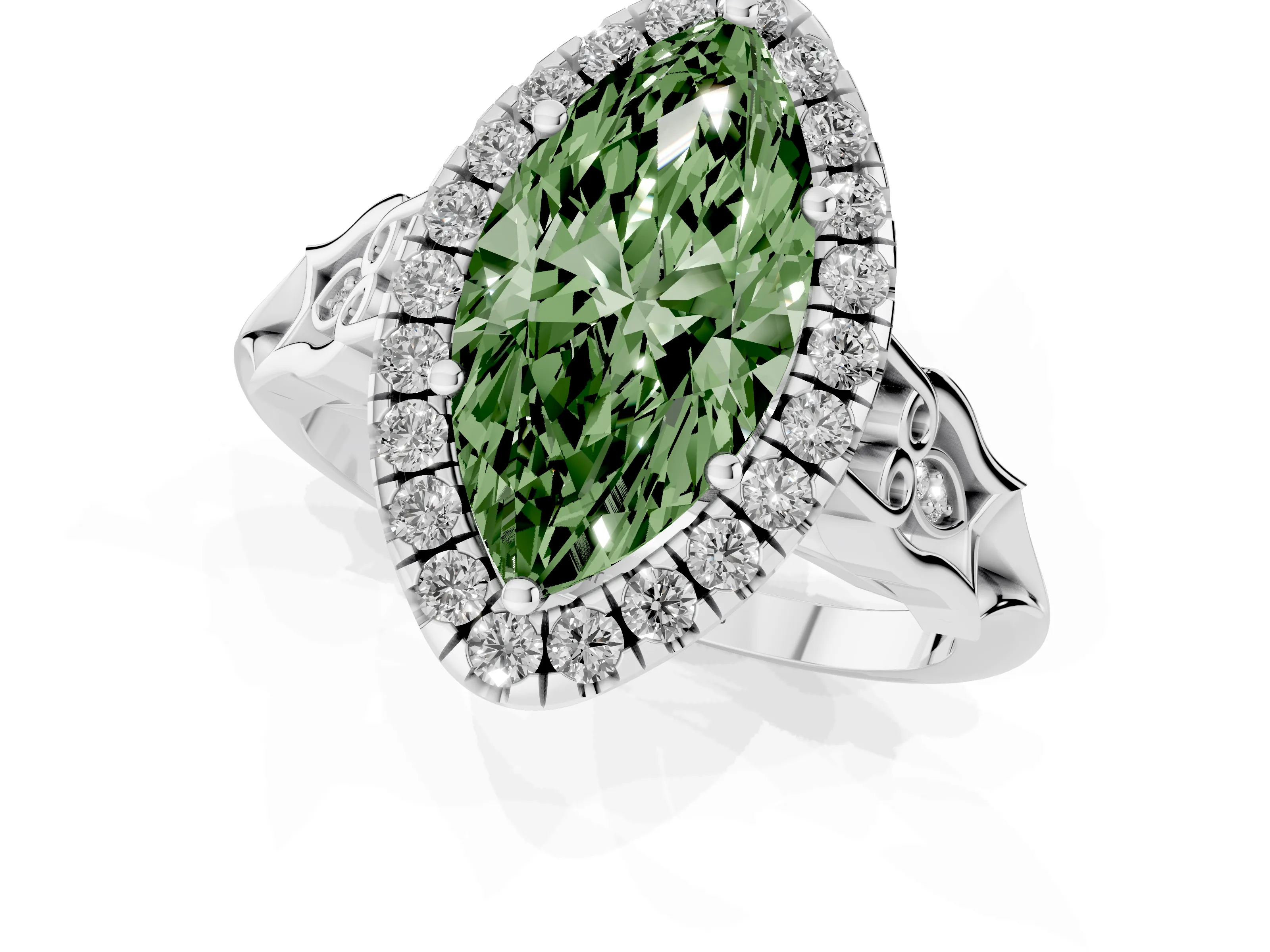 Fancy Green Marquise Cut Diamond Halo Engagement Ring Set in White gold with Filigree Band and Prong-Set Center