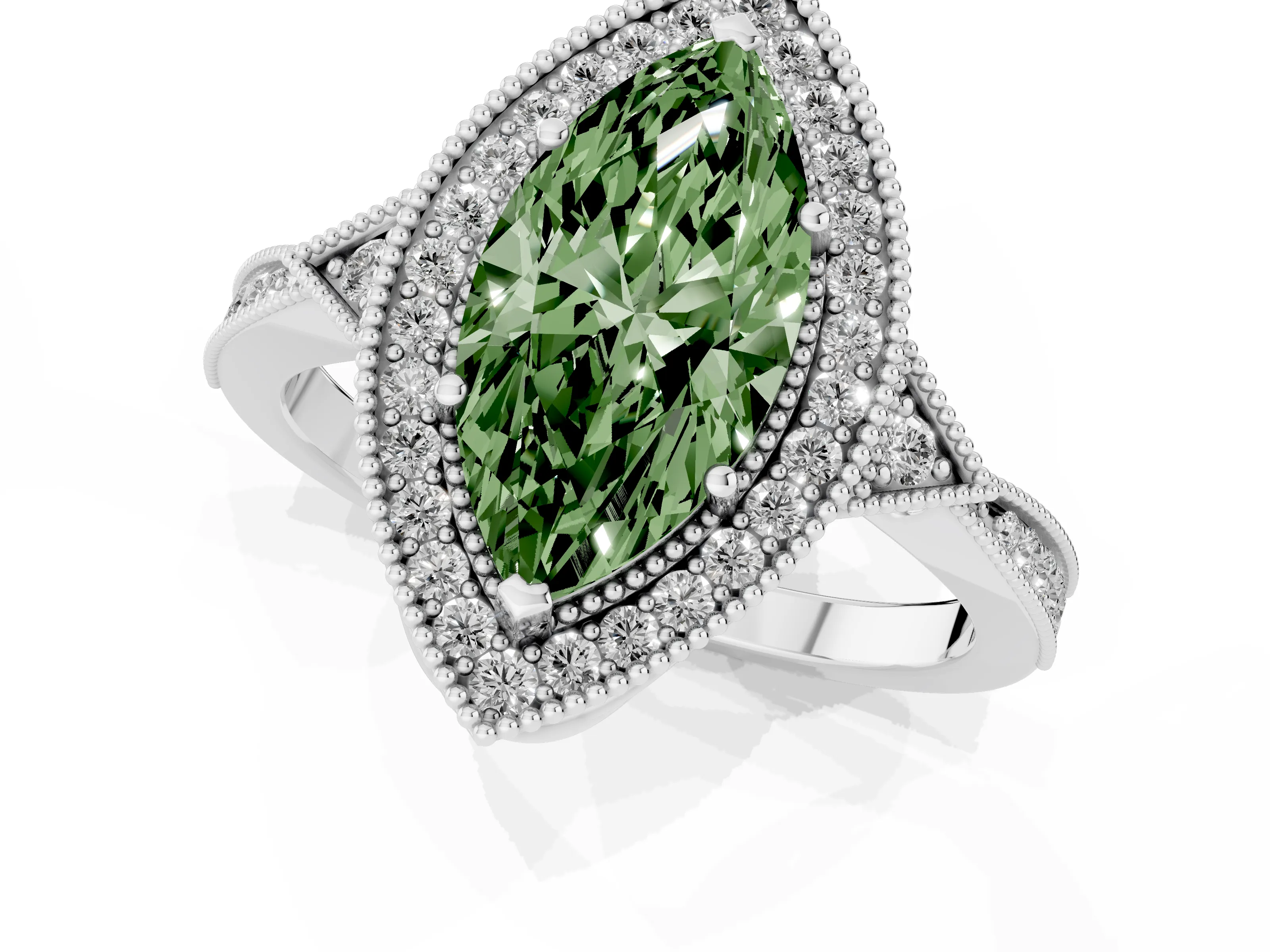 Fancy Green Marquise Cut Diamond Halo Engagement Ring Set in White gold with Milgrain Pavé Band