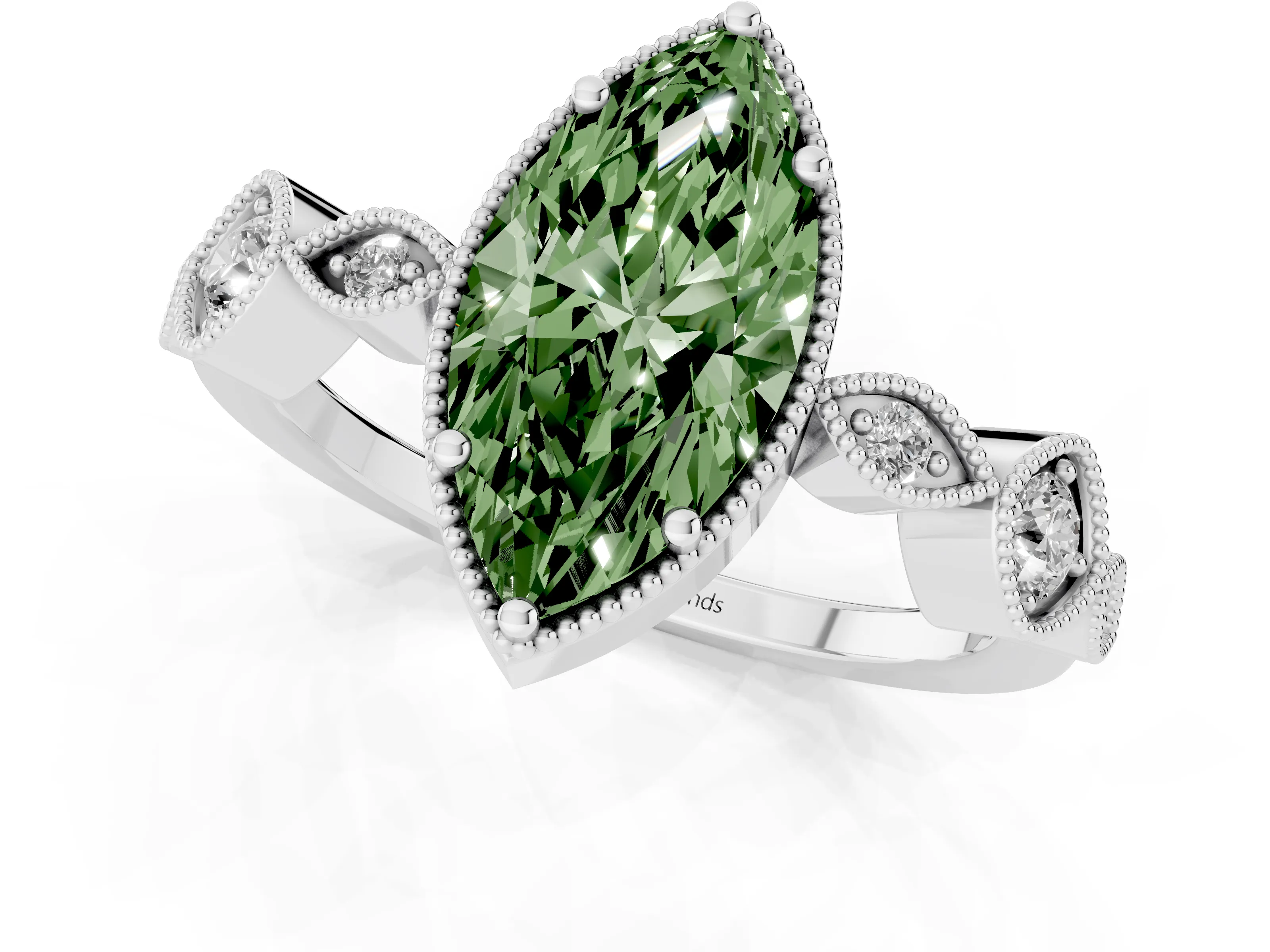Fancy Green Marquise Cut Diamond Vintage-Inspired Milgrain Ring Set in Silver with Marquise Stations of Round Accents