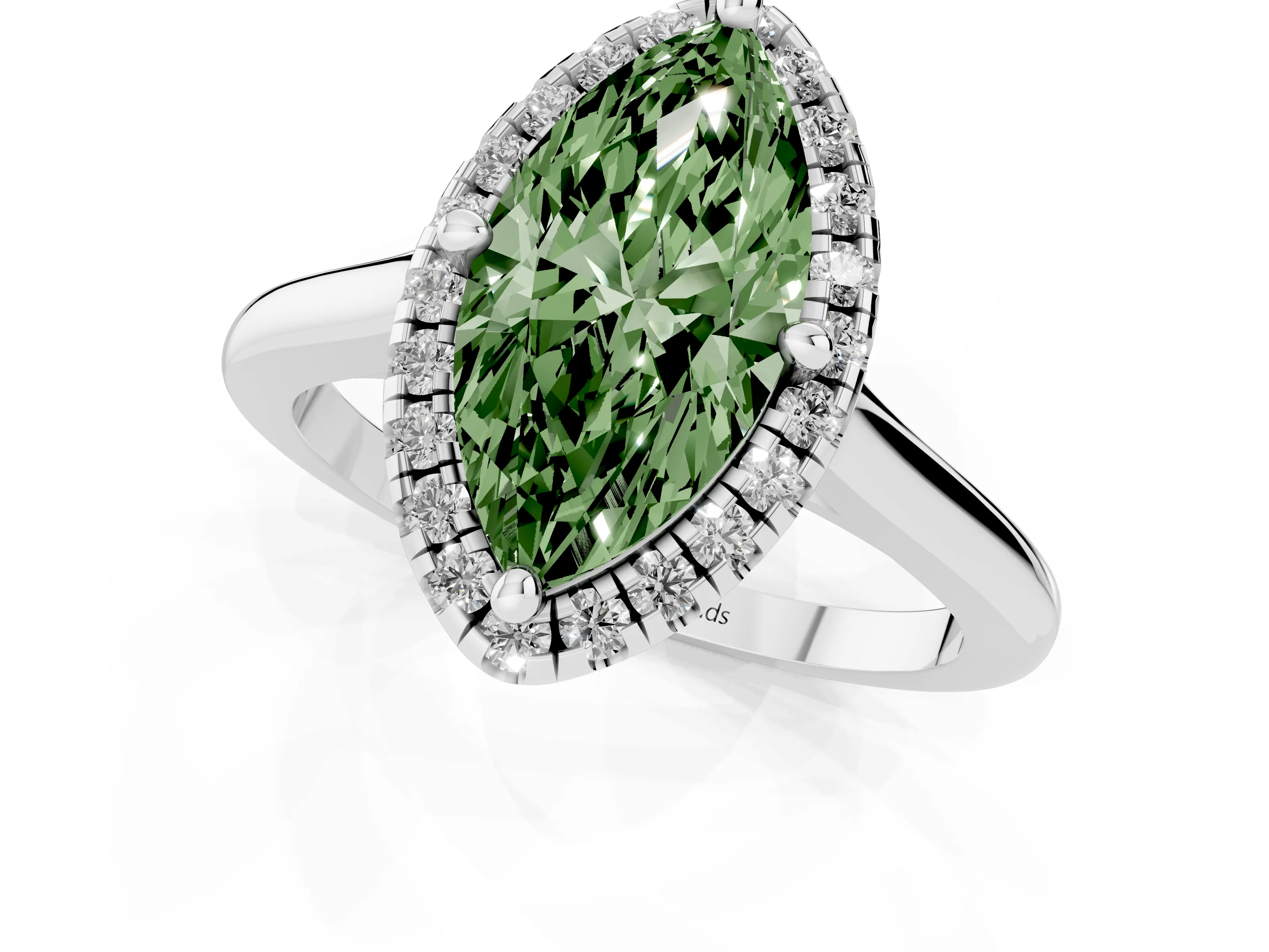 Fancy Green Marquise Cut Diamond Halo Engagement Ring Set in Platinum with Pavé Band and Rising Shoulders