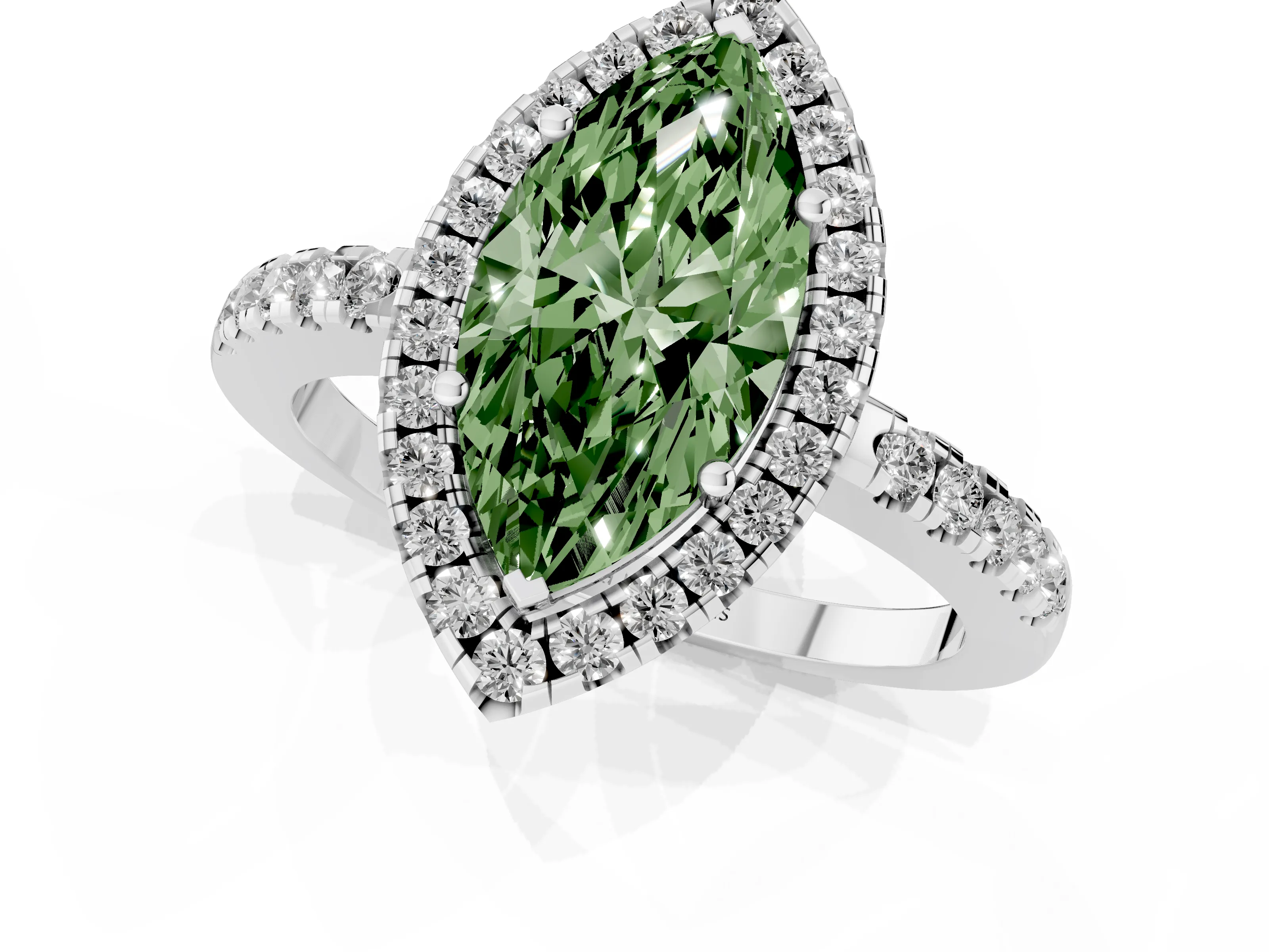 Fancy Green Marquise Cut Diamond Pavé Band Halo Engagement Ring Set in White gold with Prong Setting