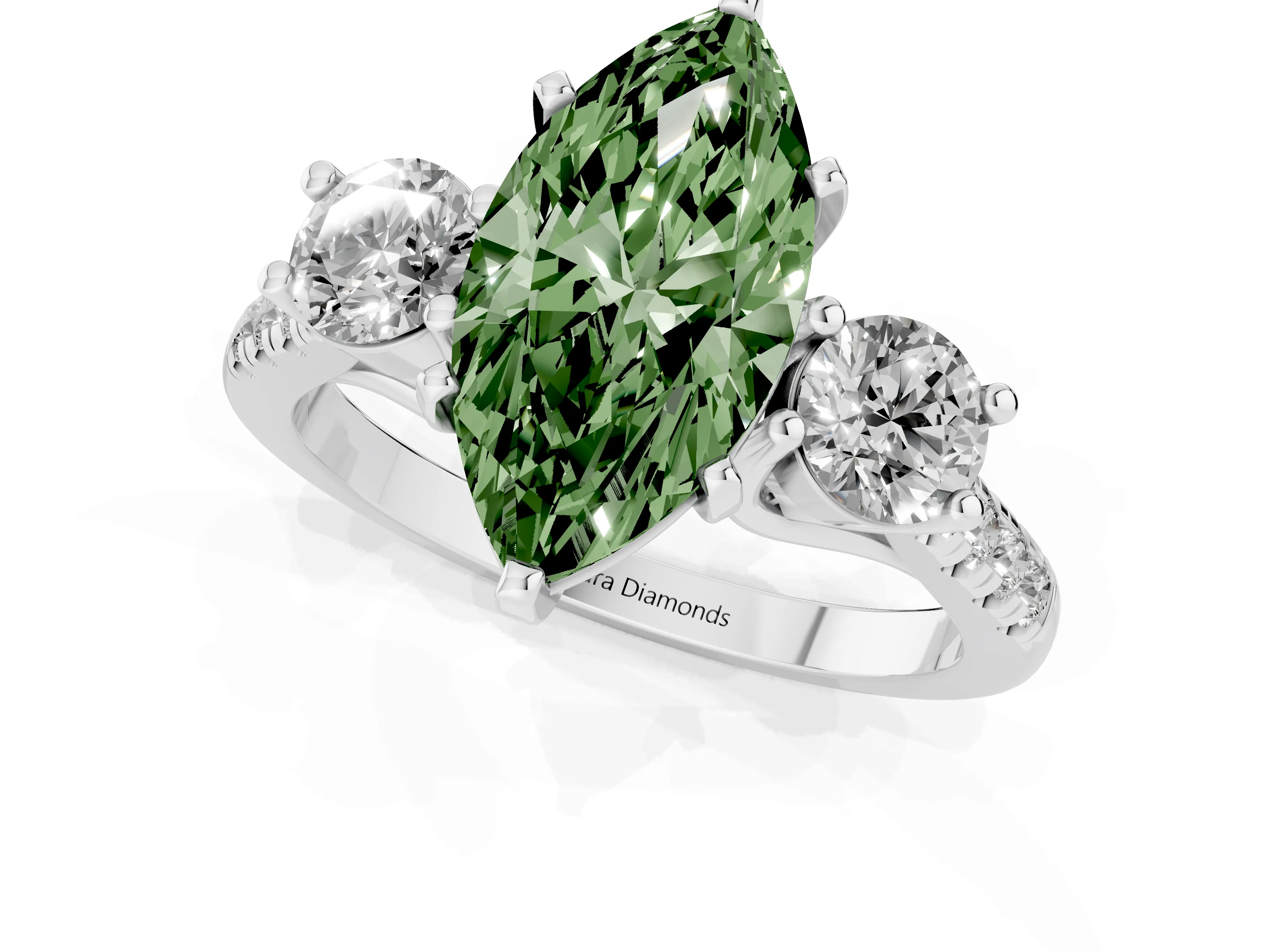 Fancy Green Three-Stone Marquise Cut Diamond Pavé Band Ring Set in Platinum with Prong-Set Trio