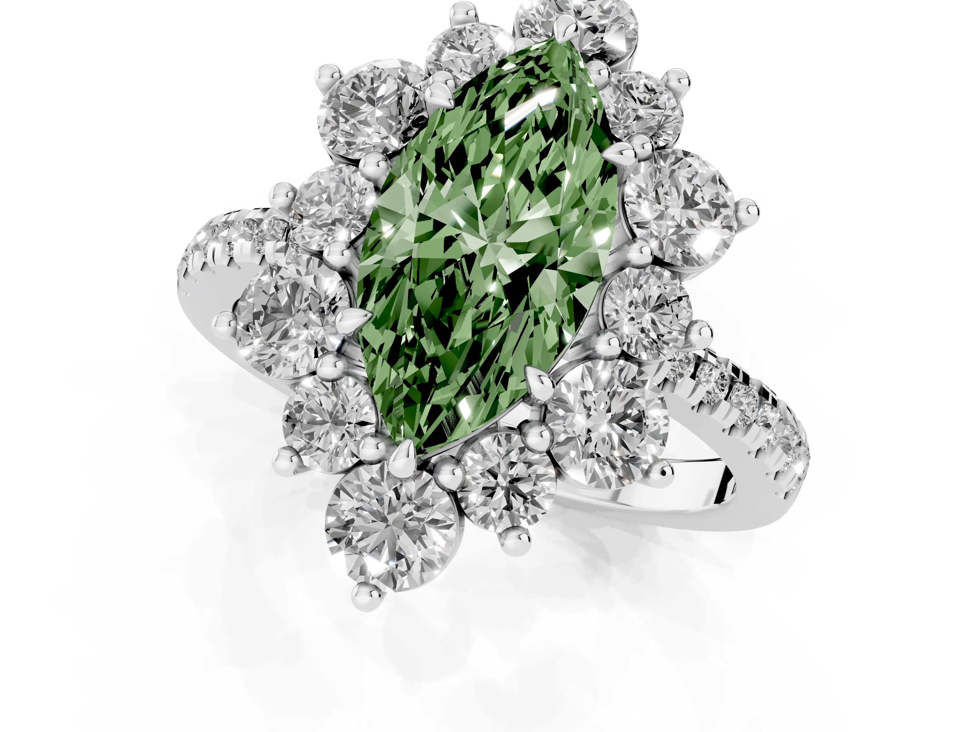 Fancy Green Marquise Cut Diamond Floral Halo Ring Set in White gold with Round Pavé Band and Prong Setting