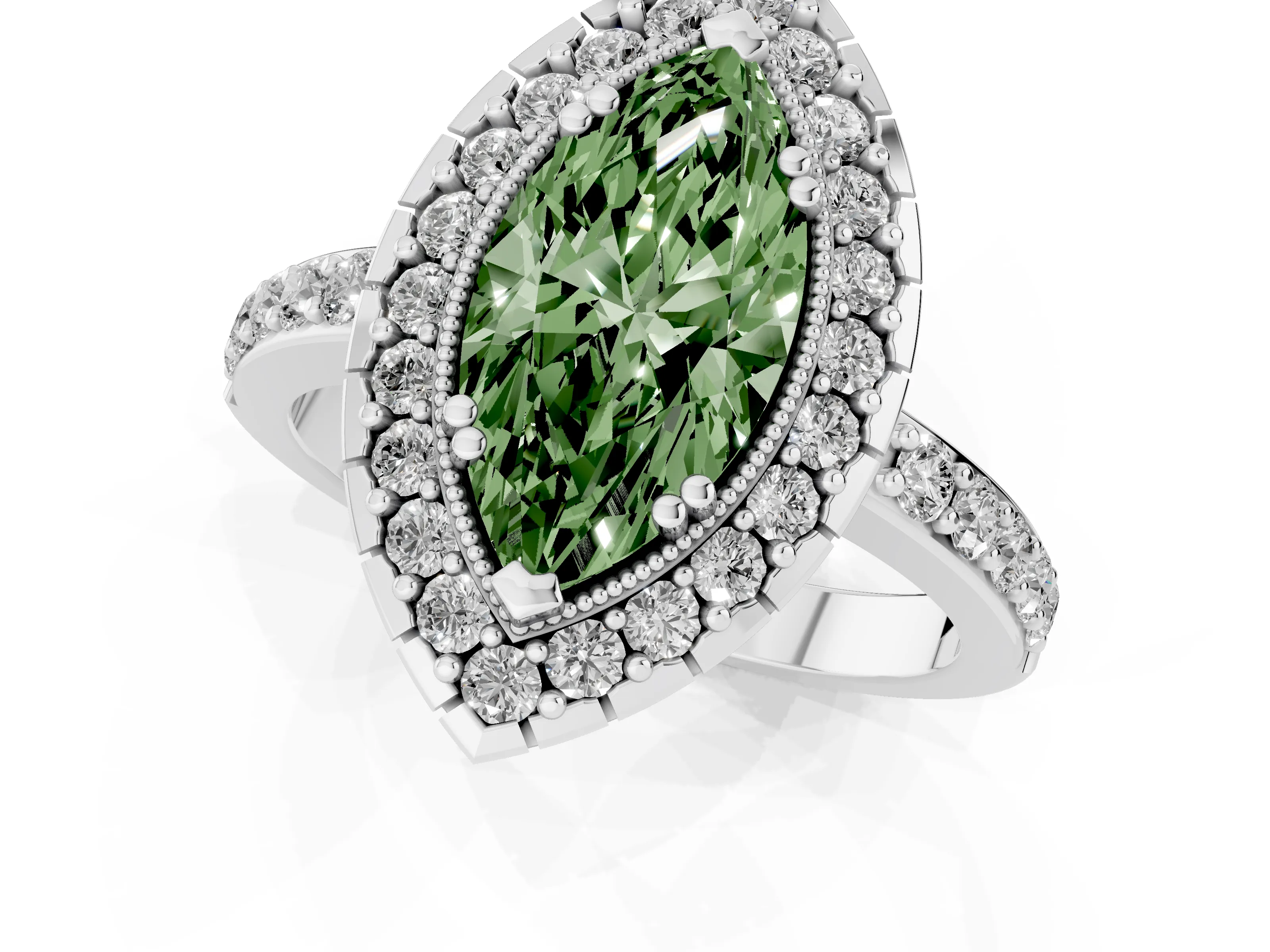 Fancy Green Marquise Cut Diamond Halo Ring Set in White gold with Pavé Shank and Prong Setting