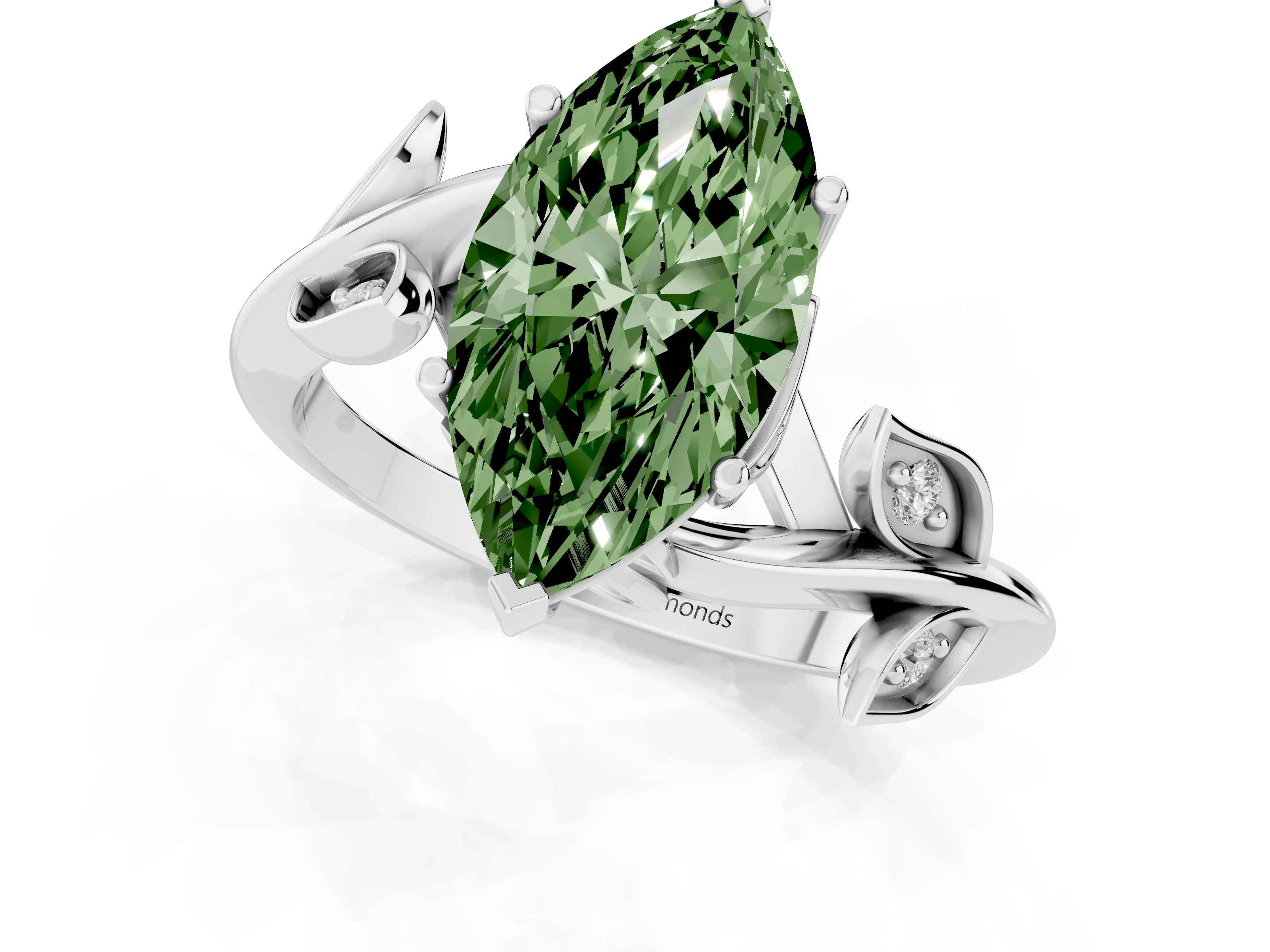 Fancy Green Marquise Cut Diamond Solitaire Twist Engagement Ring Set in White gold with Pavé Leaf Accents