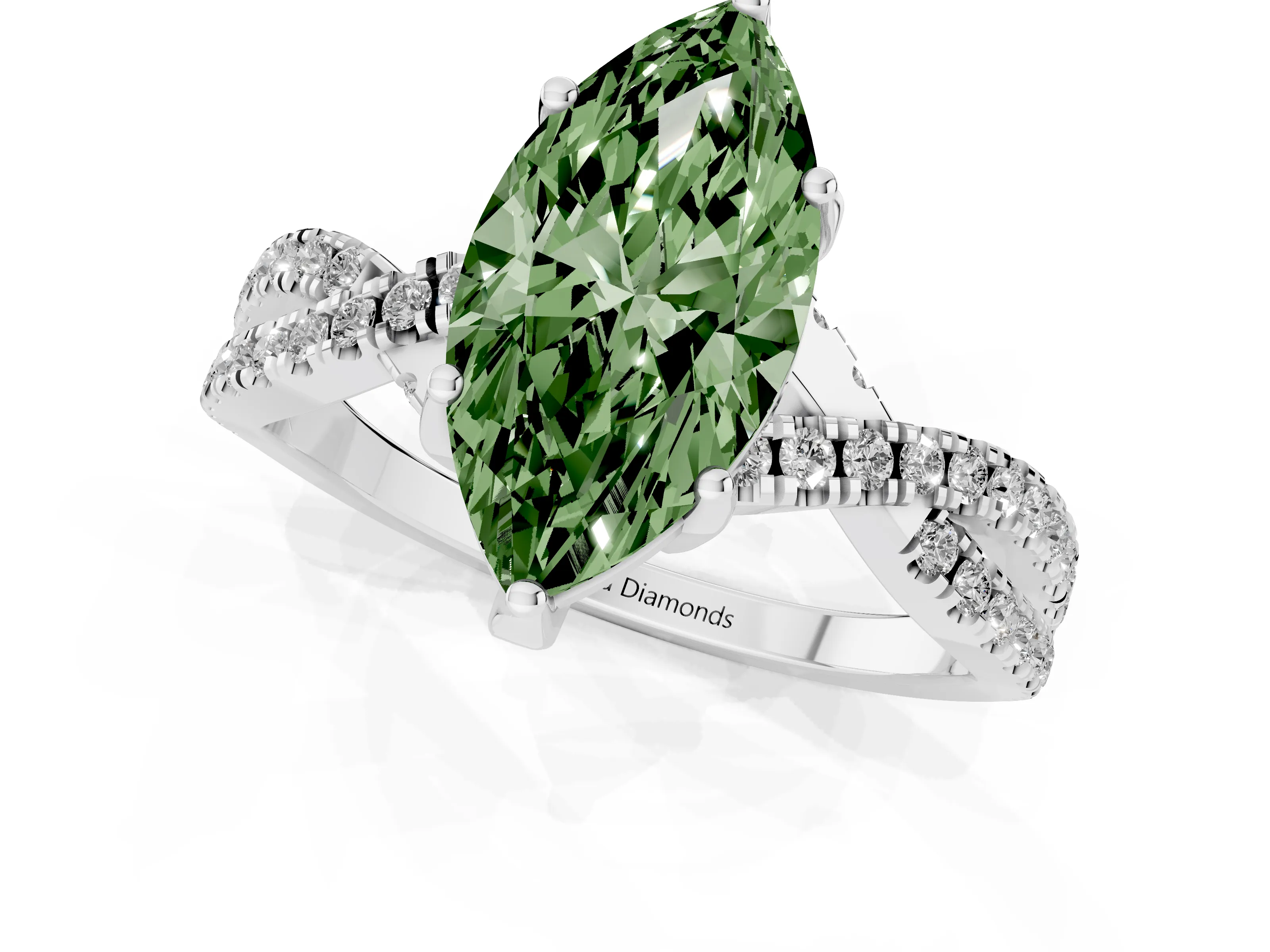 Fancy Green Marquise Cut Diamond Twist Pavé Solitaire Engagement Ring Set in White gold with Prong Setting