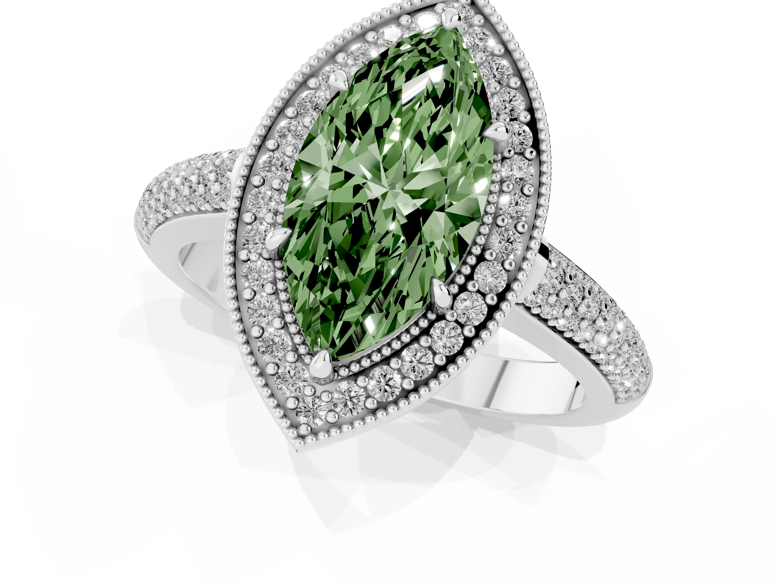 Fancy Green Marquise Cut Diamond Halo Pavé Band Set in White gold with Prong Setting