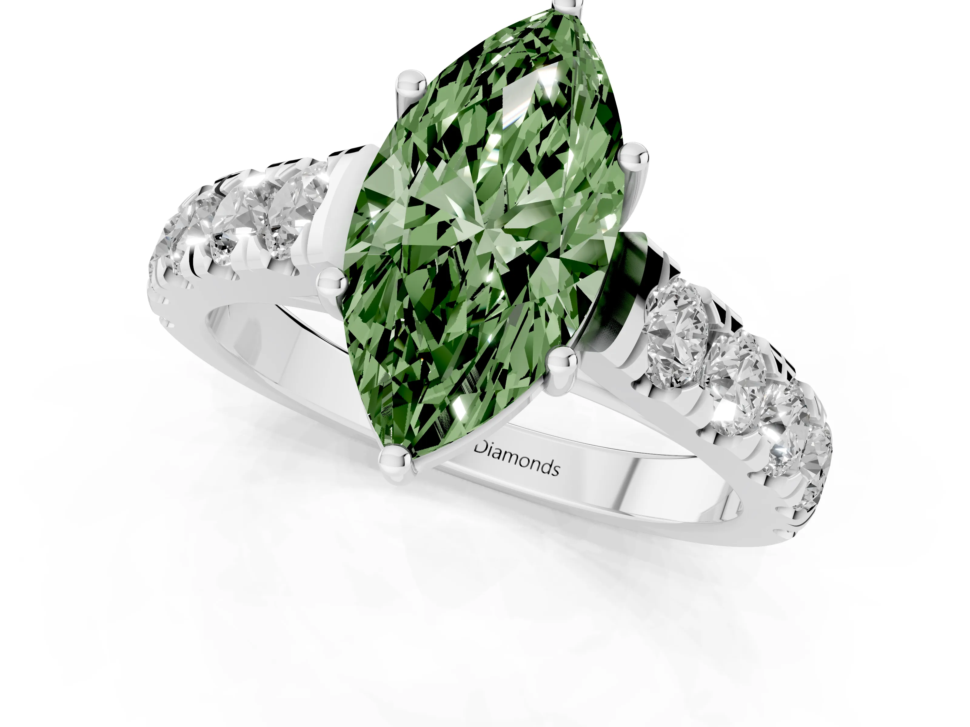 Fancy Green Marquise Cut Diamond Solitaire Ring Set in Silver with Cut-Down Micro Pavé Band and Prong Setting