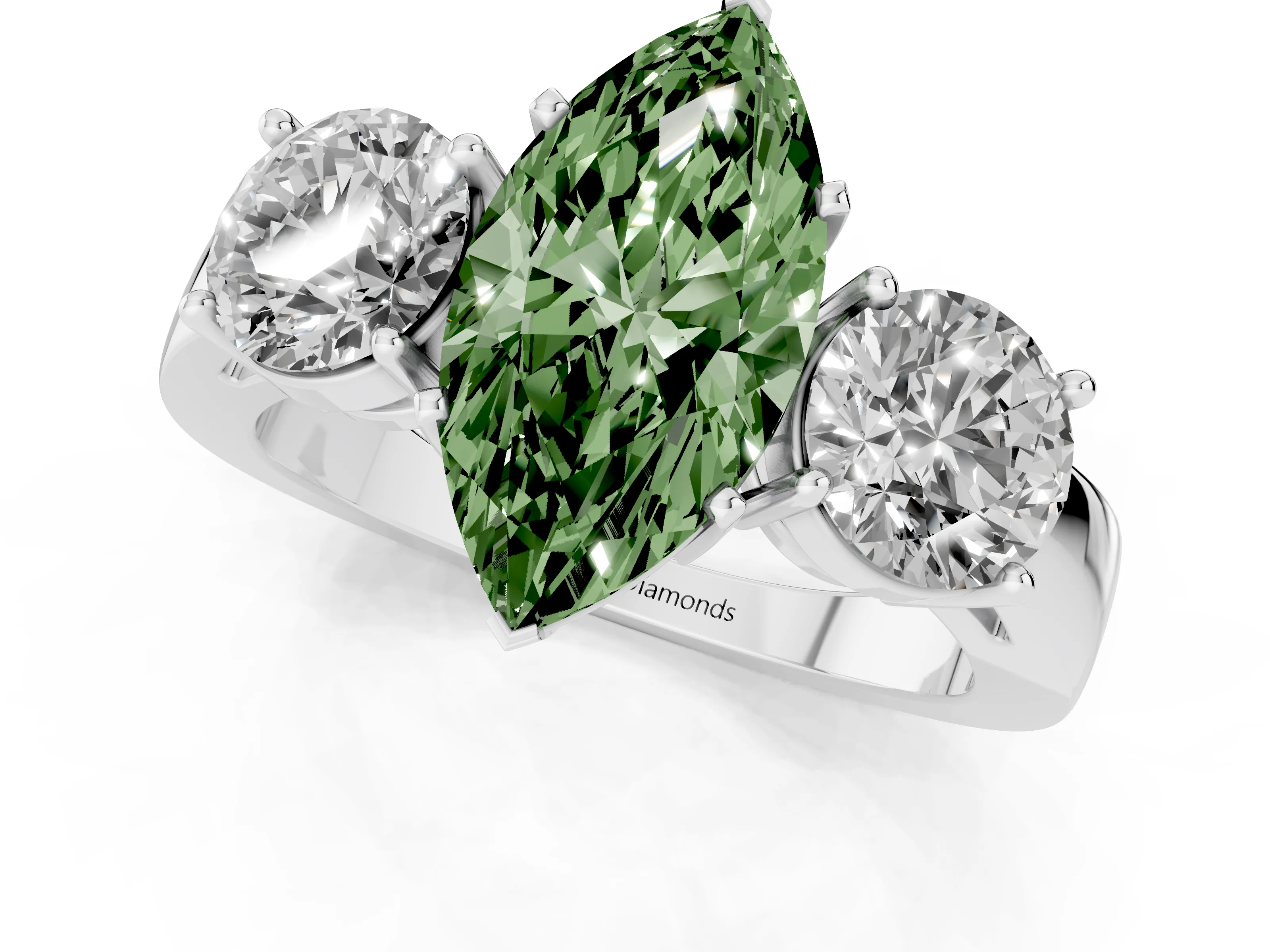 Fancy Green Marquise Cut Diamond Three-Stone Ring Set in Platinum with Round Side Stones and Classic Band