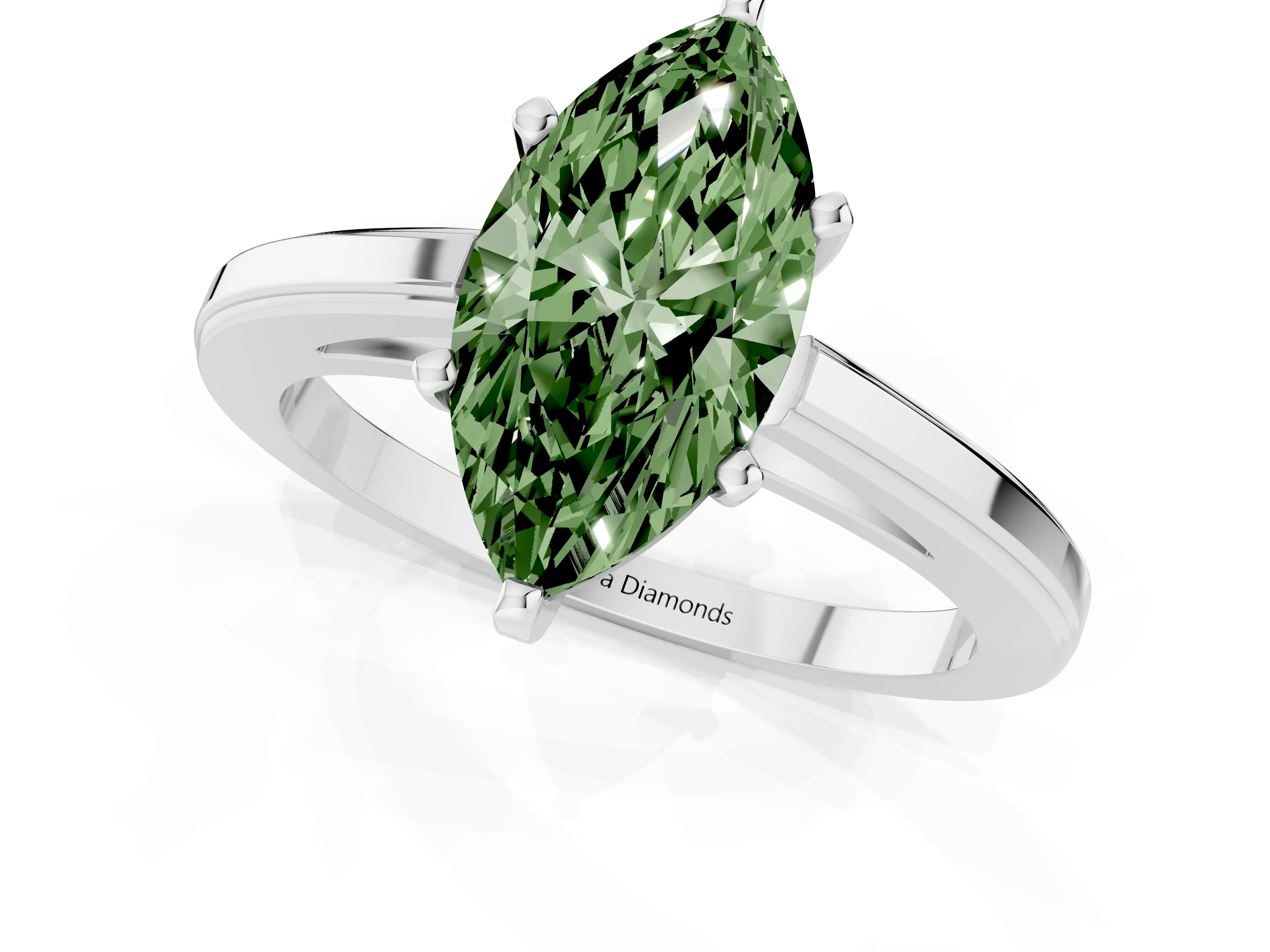Fancy Green Marquise Cut Diamond Solitaire Ring Set in Platinum with Prong Setting and Classic Band