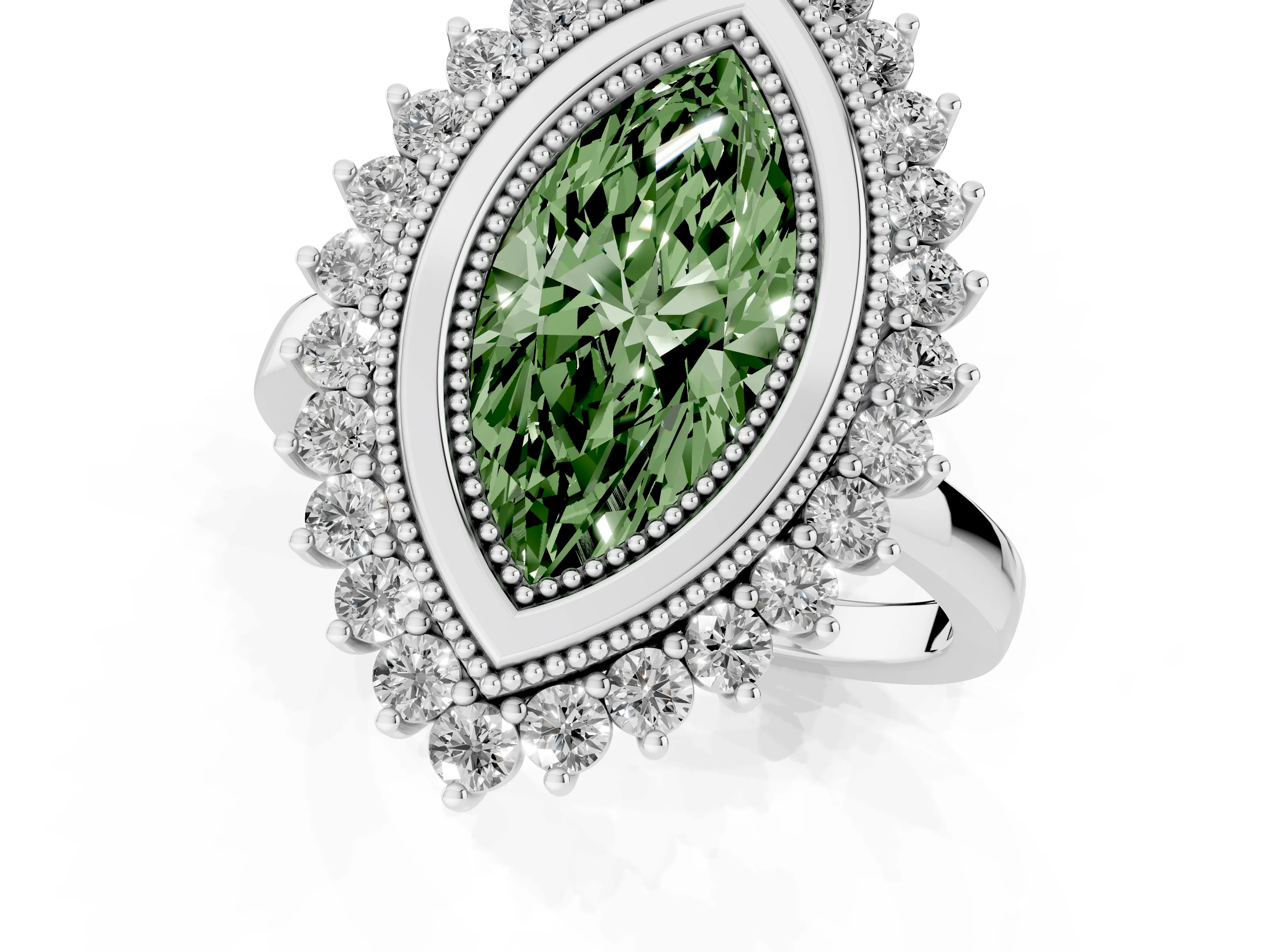 Fancy Green Marquise Cut Diamond Halo Ring Set in Platinum with Milgrain Edge and Round Prong Setting
