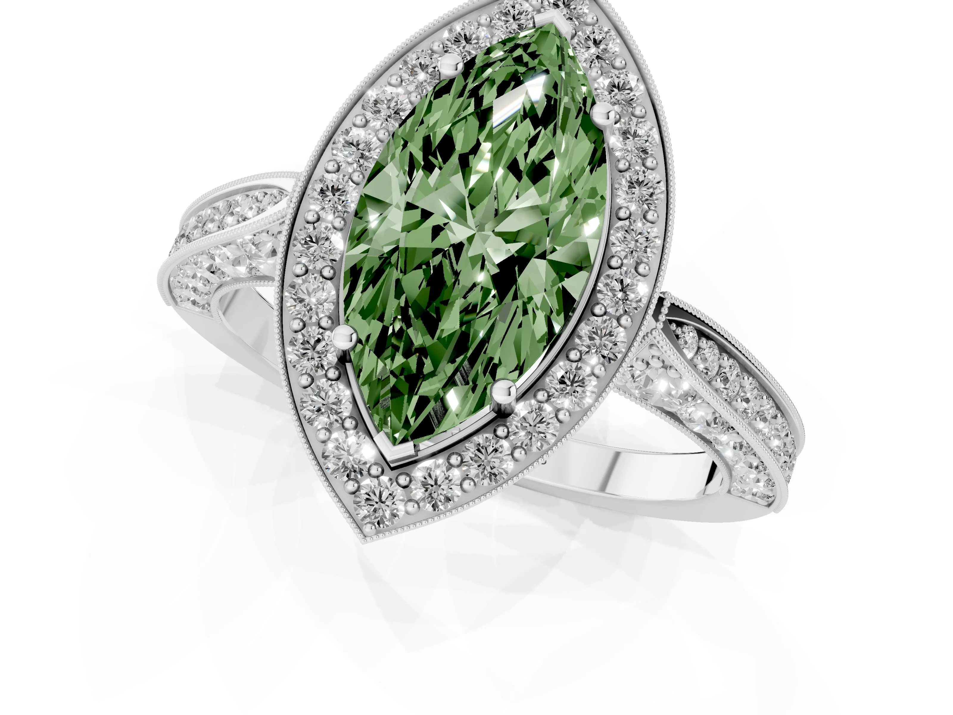 Fancy Green Marquise Cut Diamond Halo Engagement Ring Set in Silver with Accent Split Shank Band