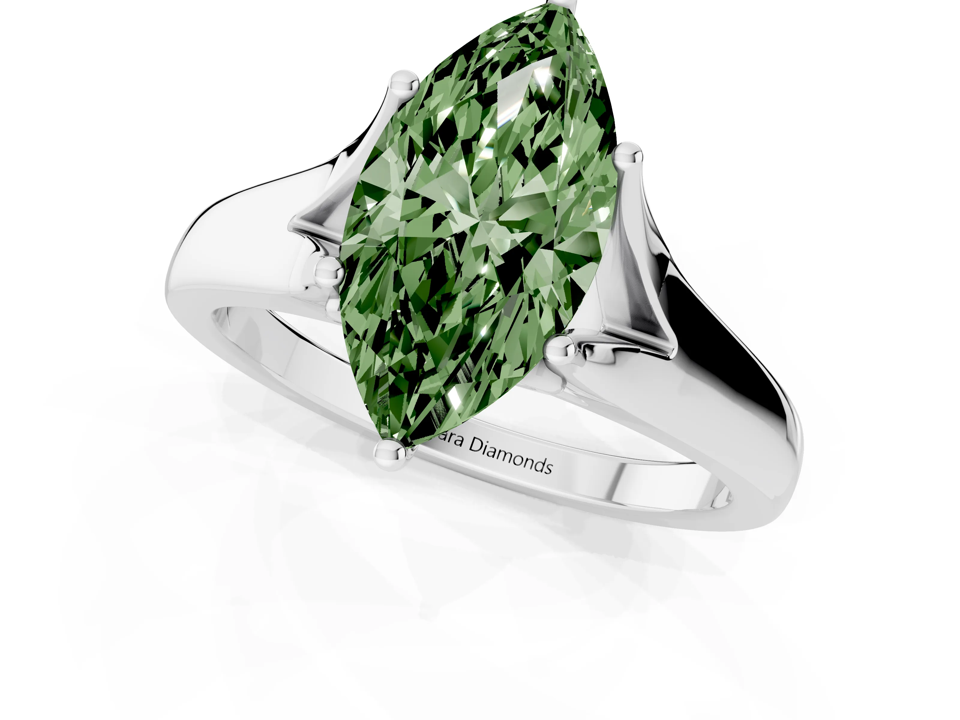 Fancy Green Marquise Cut Diamond Solitaire Ring Set in White gold with Arched Cathedral Band and Prong Setting