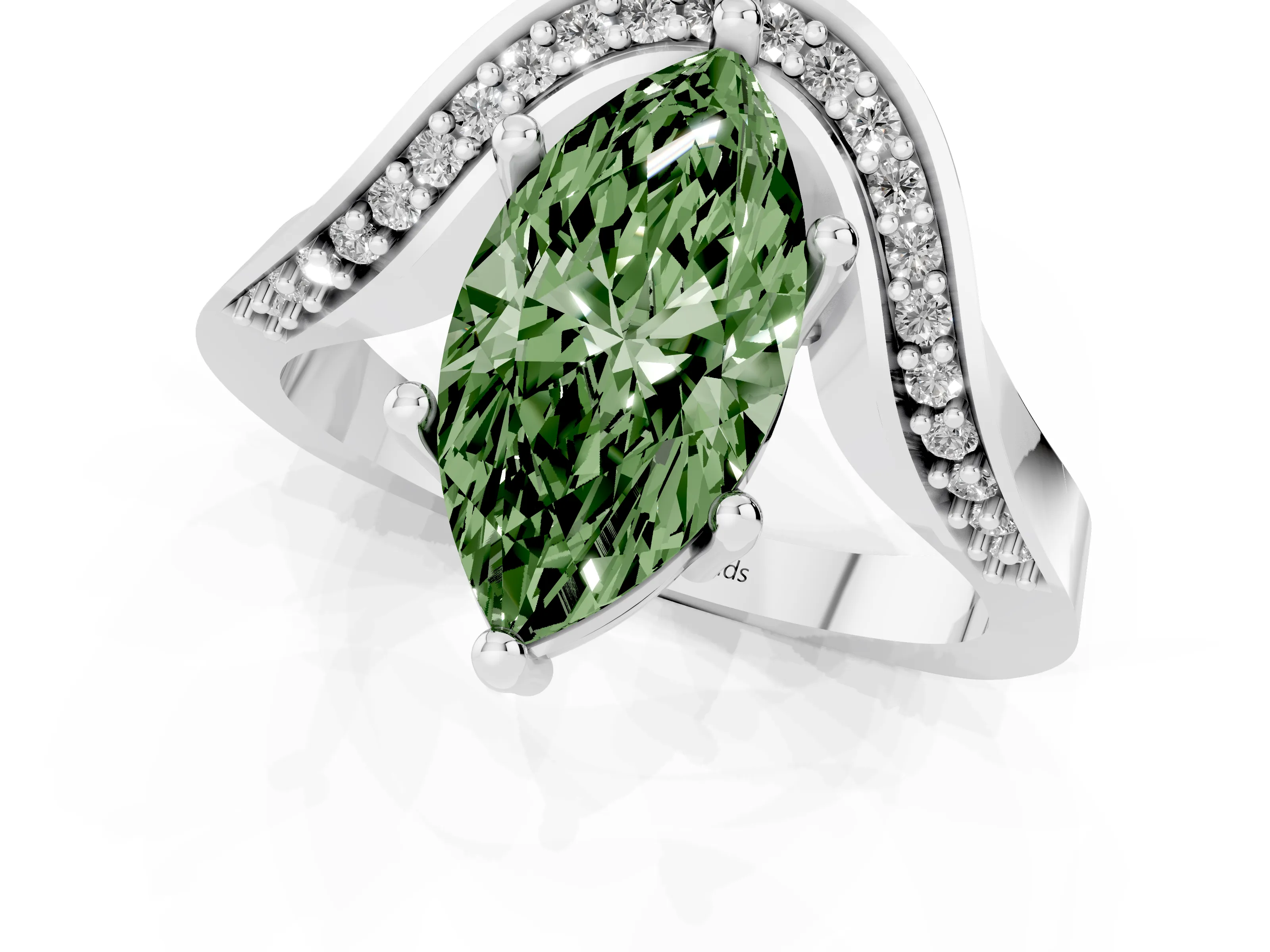 Fancy Green Marquise Cut Diamond Solitaire Engagement Ring Set in Silver with Pavé Shoulders