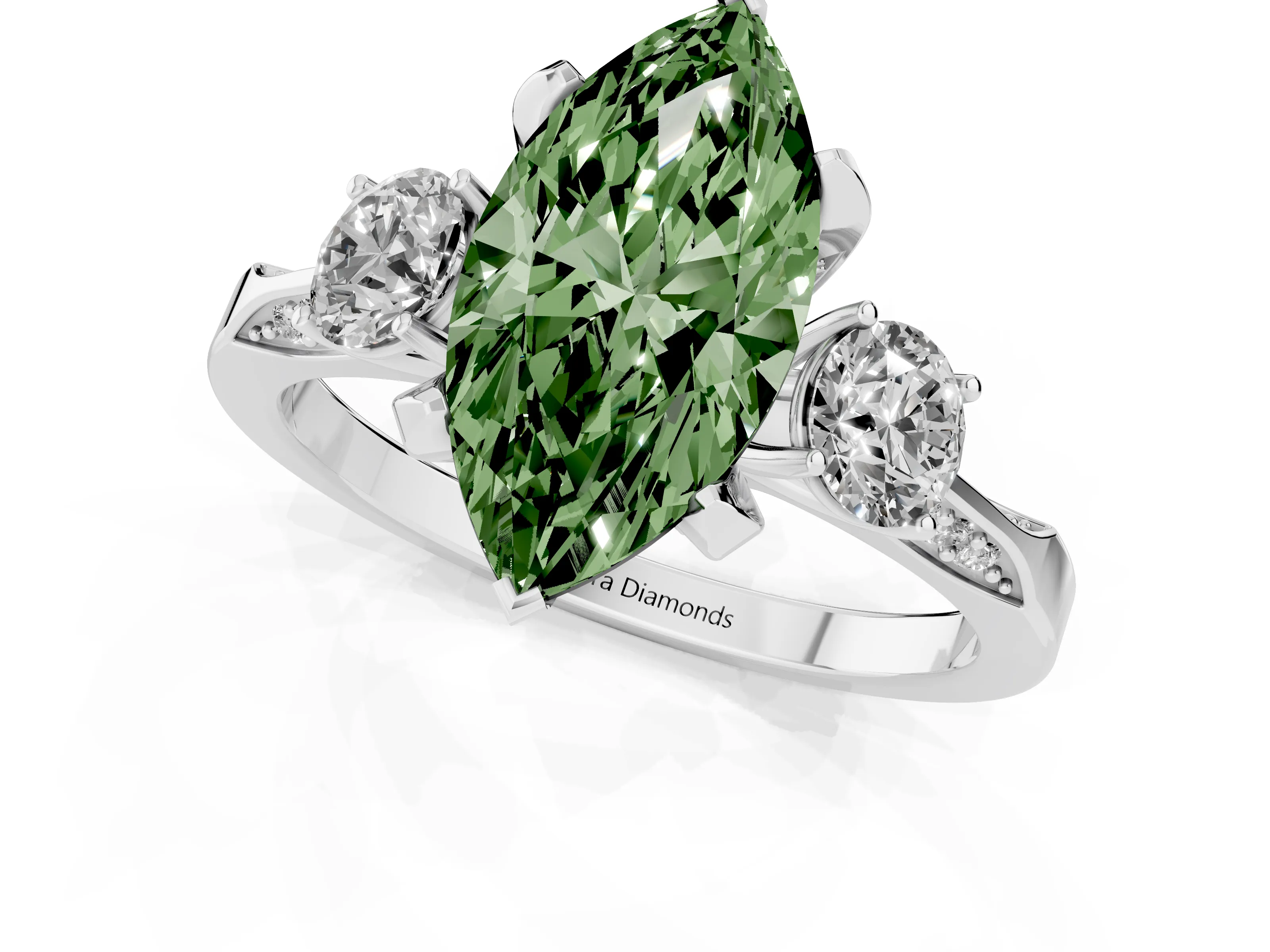 Fancy Green Marquise Cut Diamond Three-Stone Ring Set in Platinum with Pavé Band and Smaller Side Stones