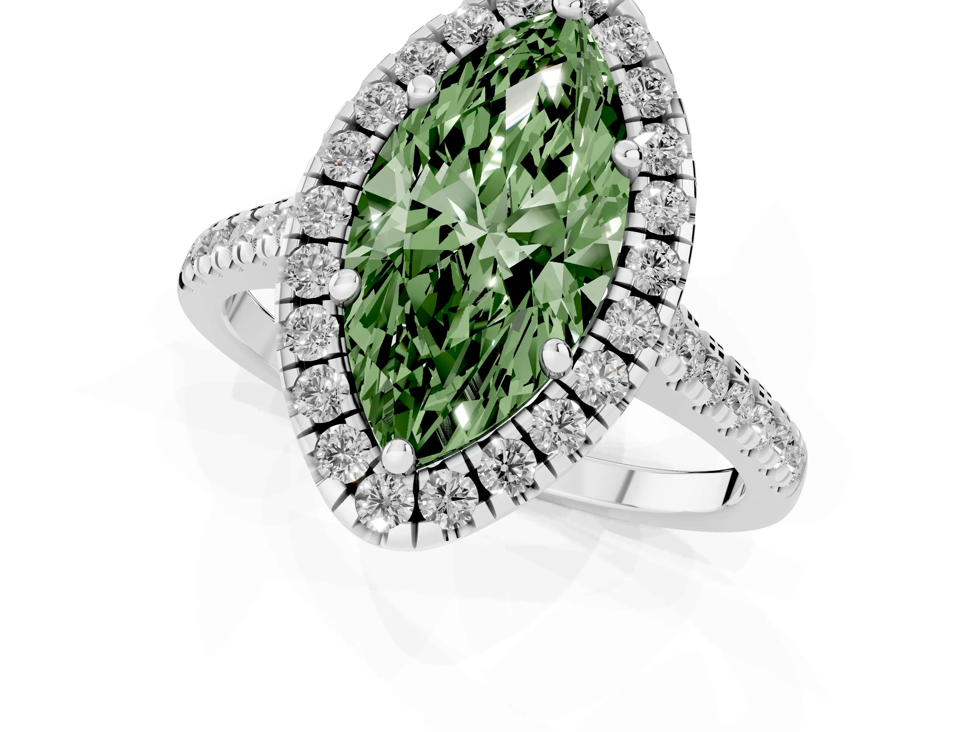 Fancy Green Marquise Cut Diamond Cushion Halo Ring Set in White gold with Pavé Band – second view