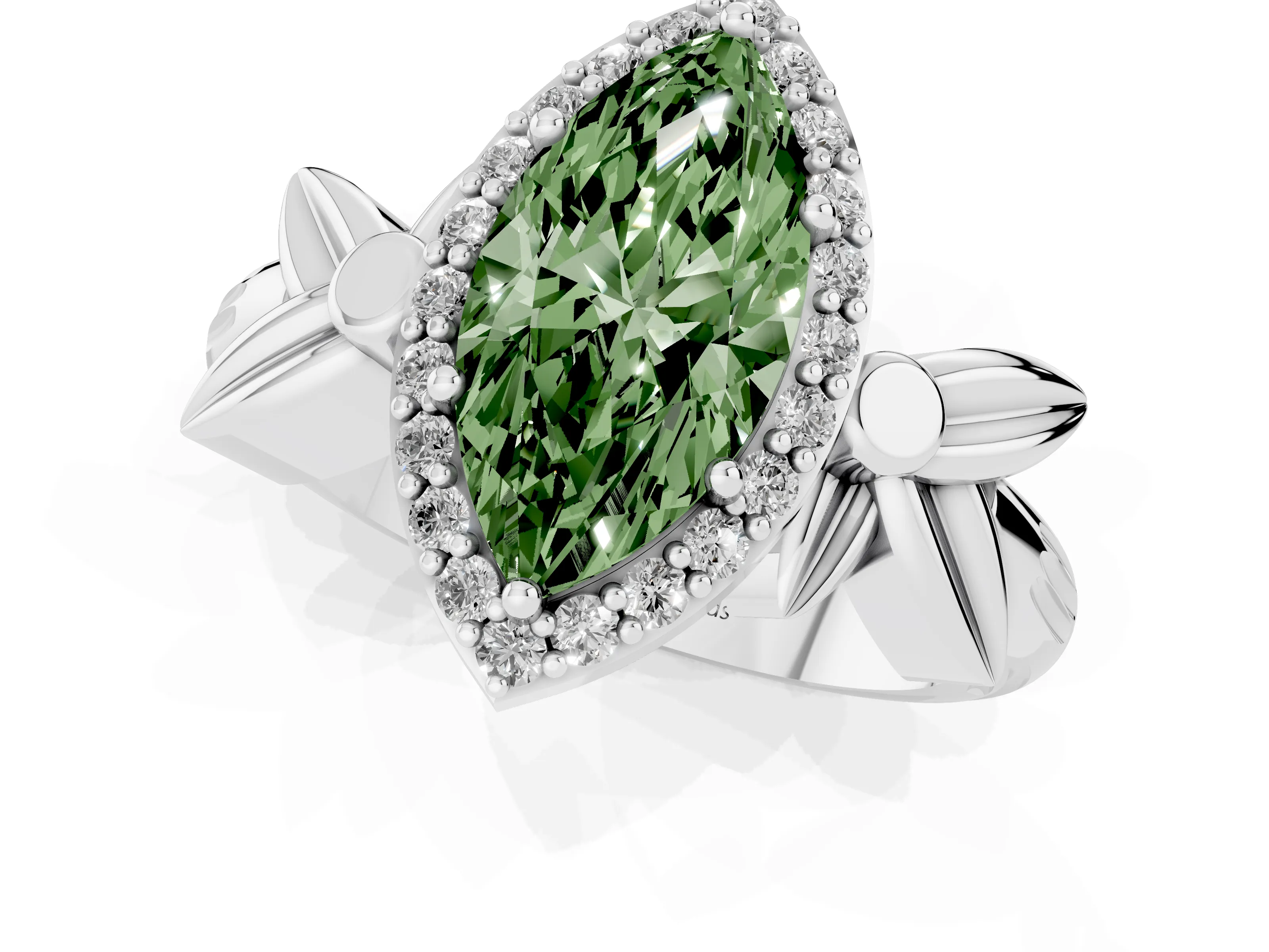 Fancy Green Marquise Cut Diamond Halo Floral Band Ring Set in White gold with Prong Setting