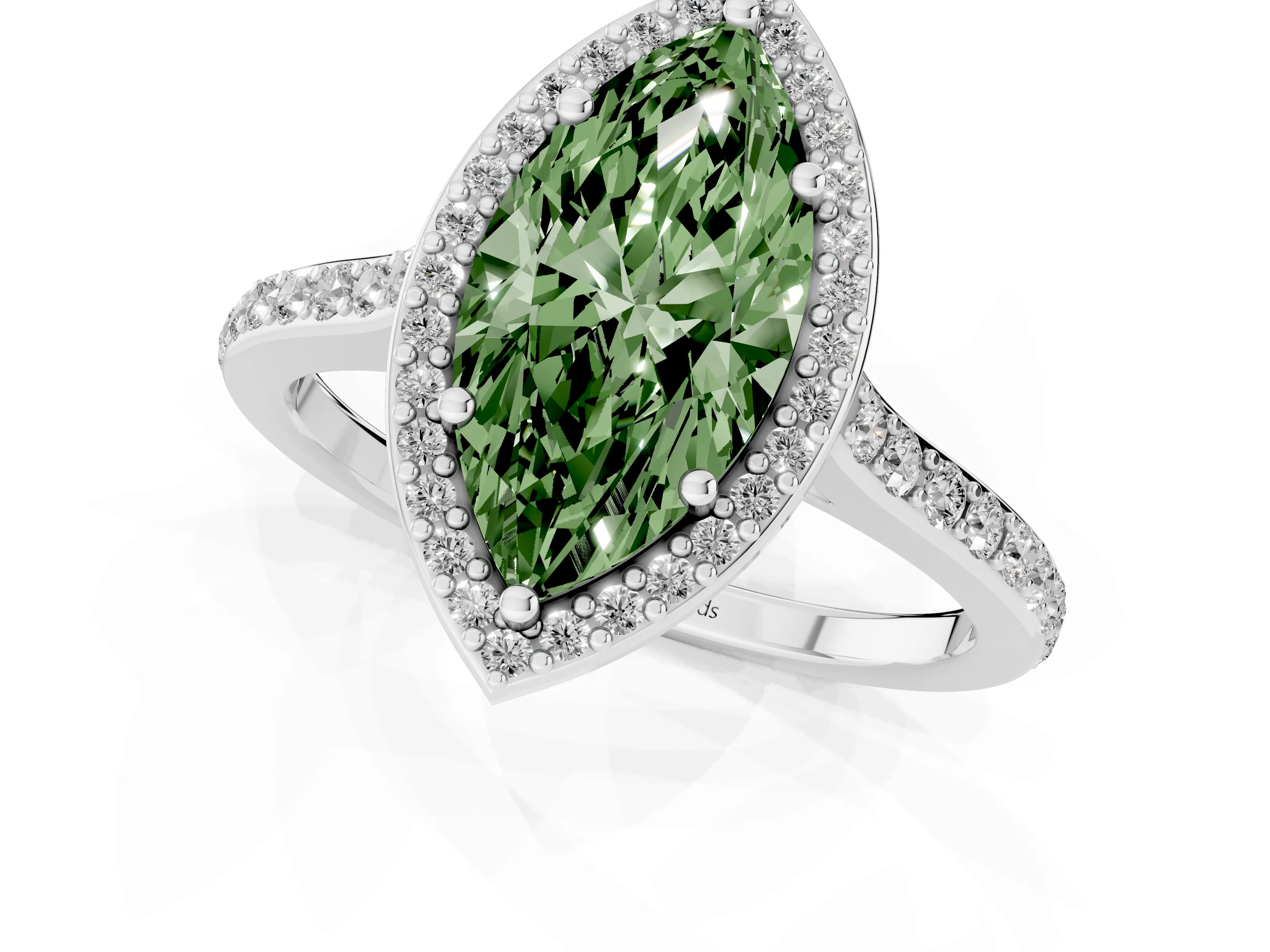 Fancy Green Marquise Cut Diamond Halo Engagement Ring Set in Silver with Round Pavé Shoulders and Heart Gallery