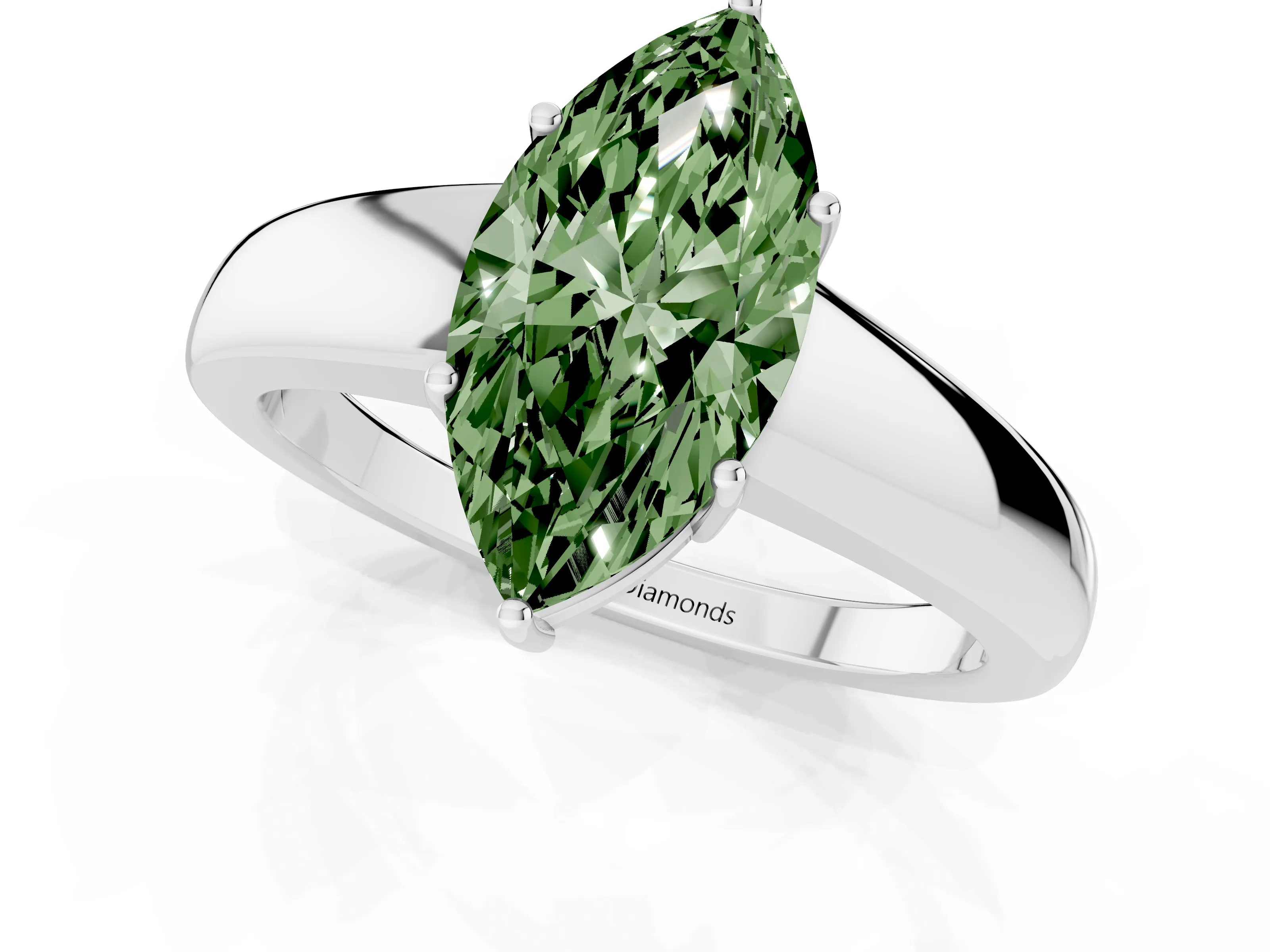 Fancy Green Marquise Cut Diamond Solitaire Ring Set in Platinum with Tapered Band and Prong Setting