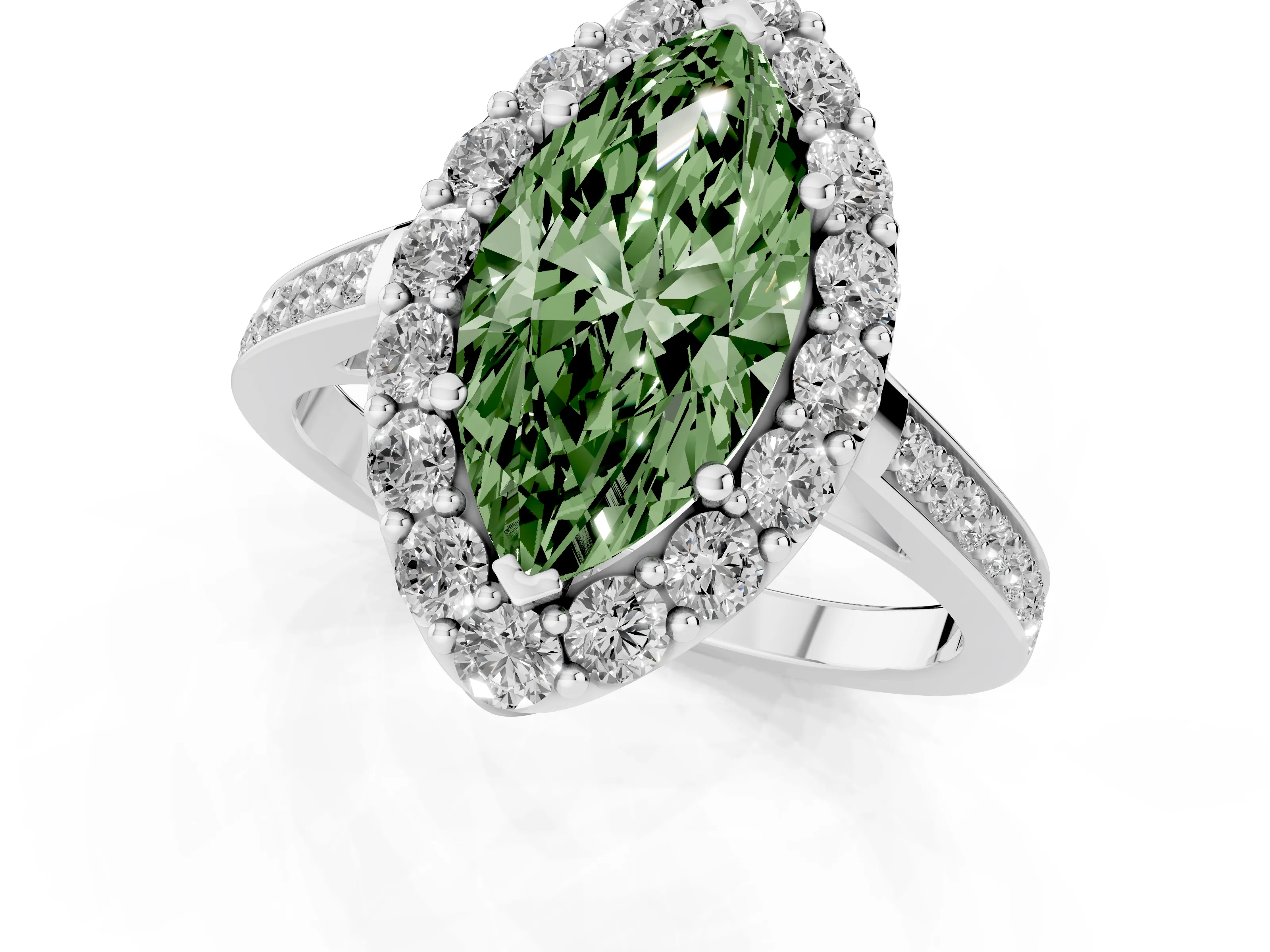 Fancy Green Marquise Cut Diamond Floral Halo Ring Set in Silver with Pavé Band and Prong Setting
