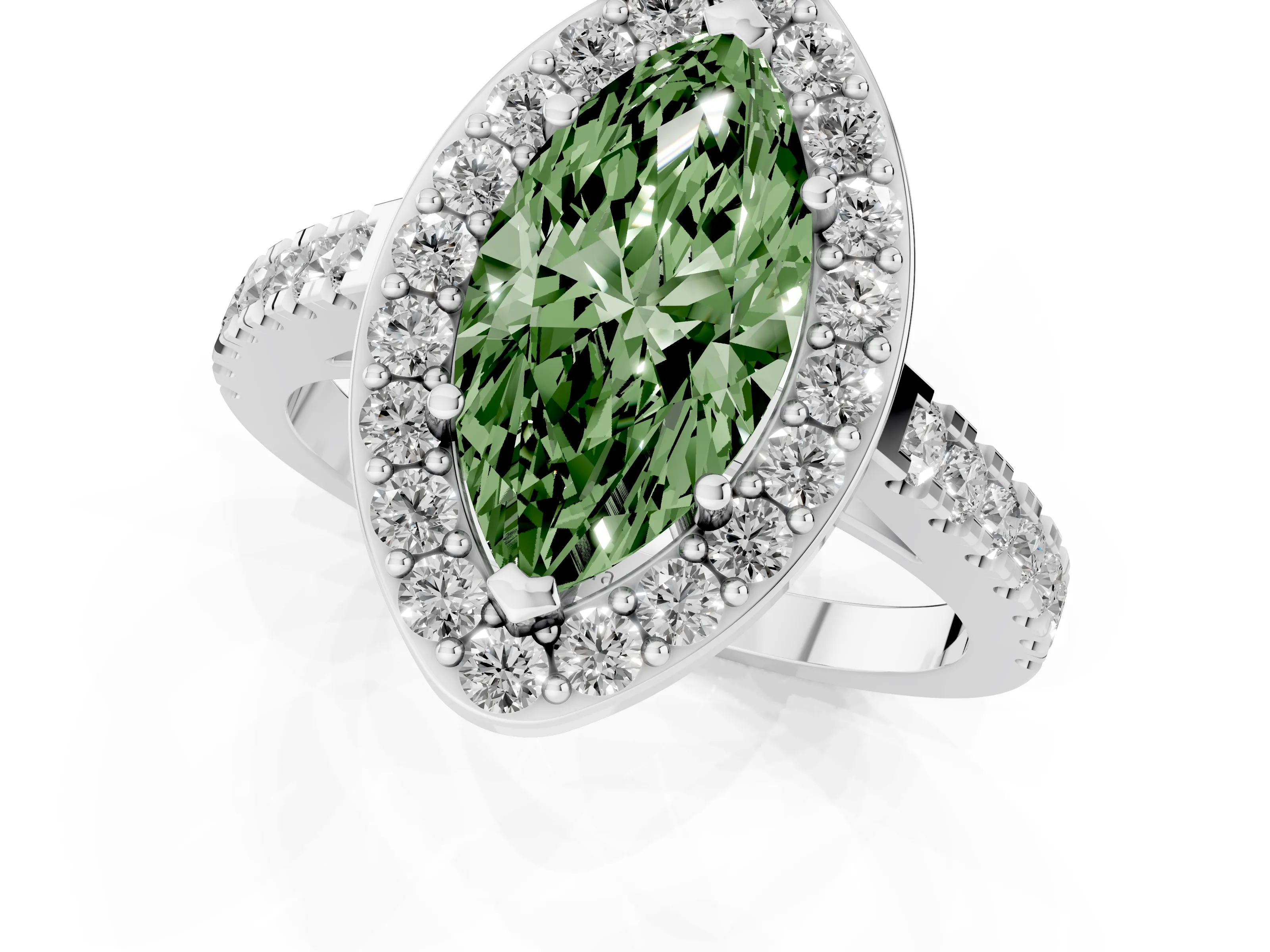 Fancy Green Marquise Cut Diamond Halo Ring Set in Platinum with Round Pavé Split Shank and Prong Setting