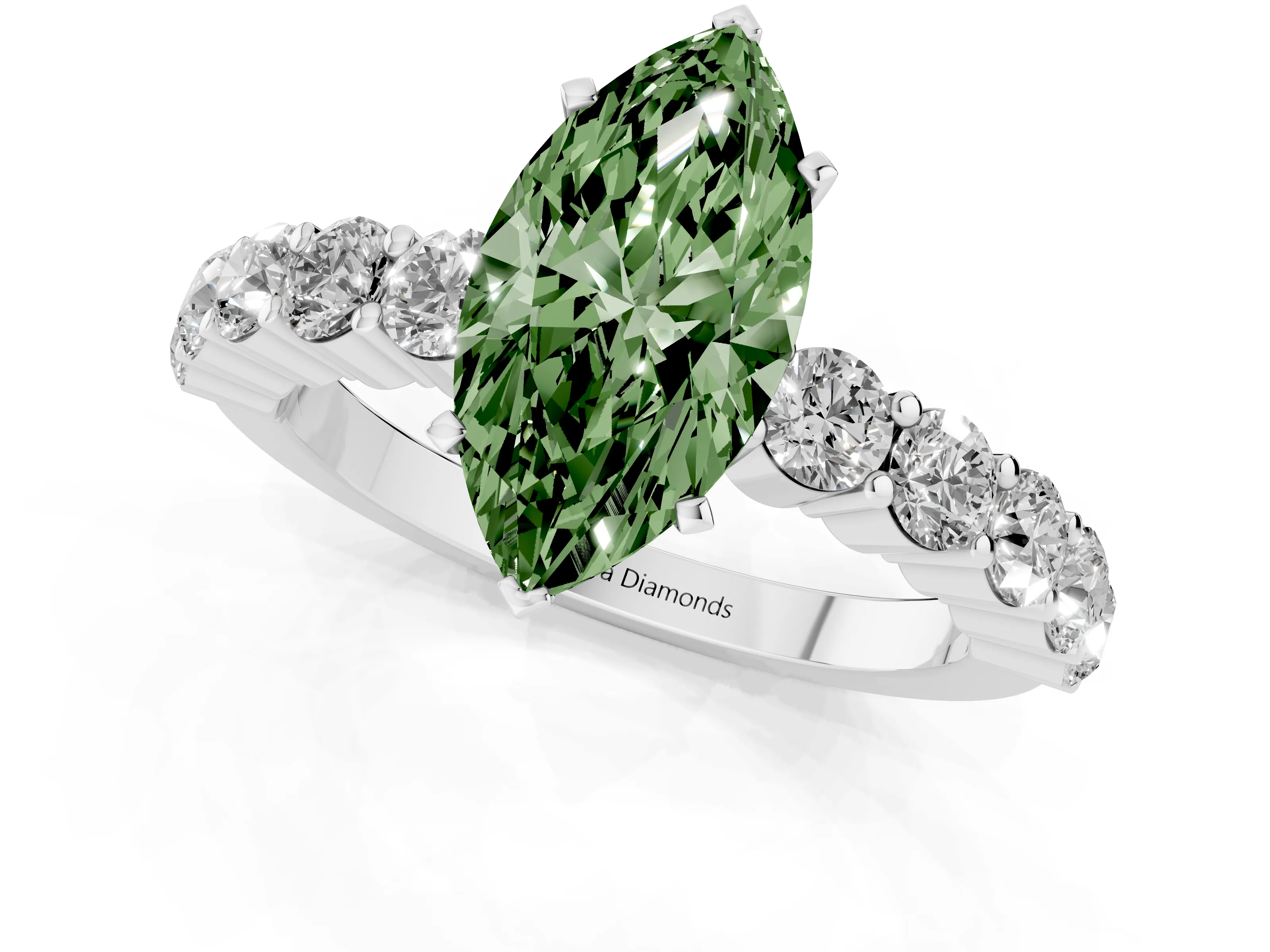 Fancy Green Marquise Cut Diamond Solitaire Ring Set in Silver with Shared Prong Round Side Stones