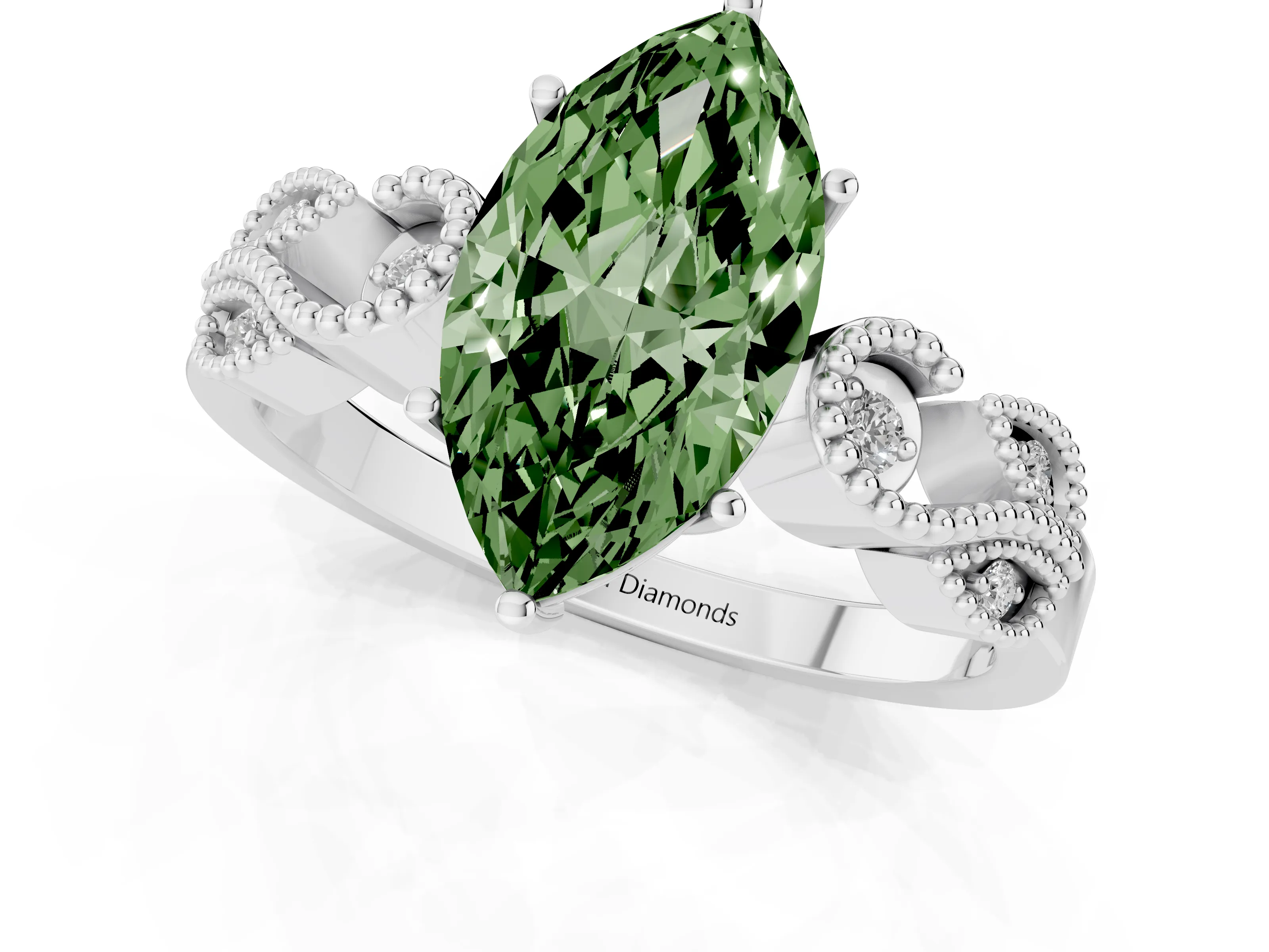Fancy Green Marquise Cut Diamond Milgrain Leaf Band Solitaire Ring Set in Silver with Accent Stones and Prong Setting