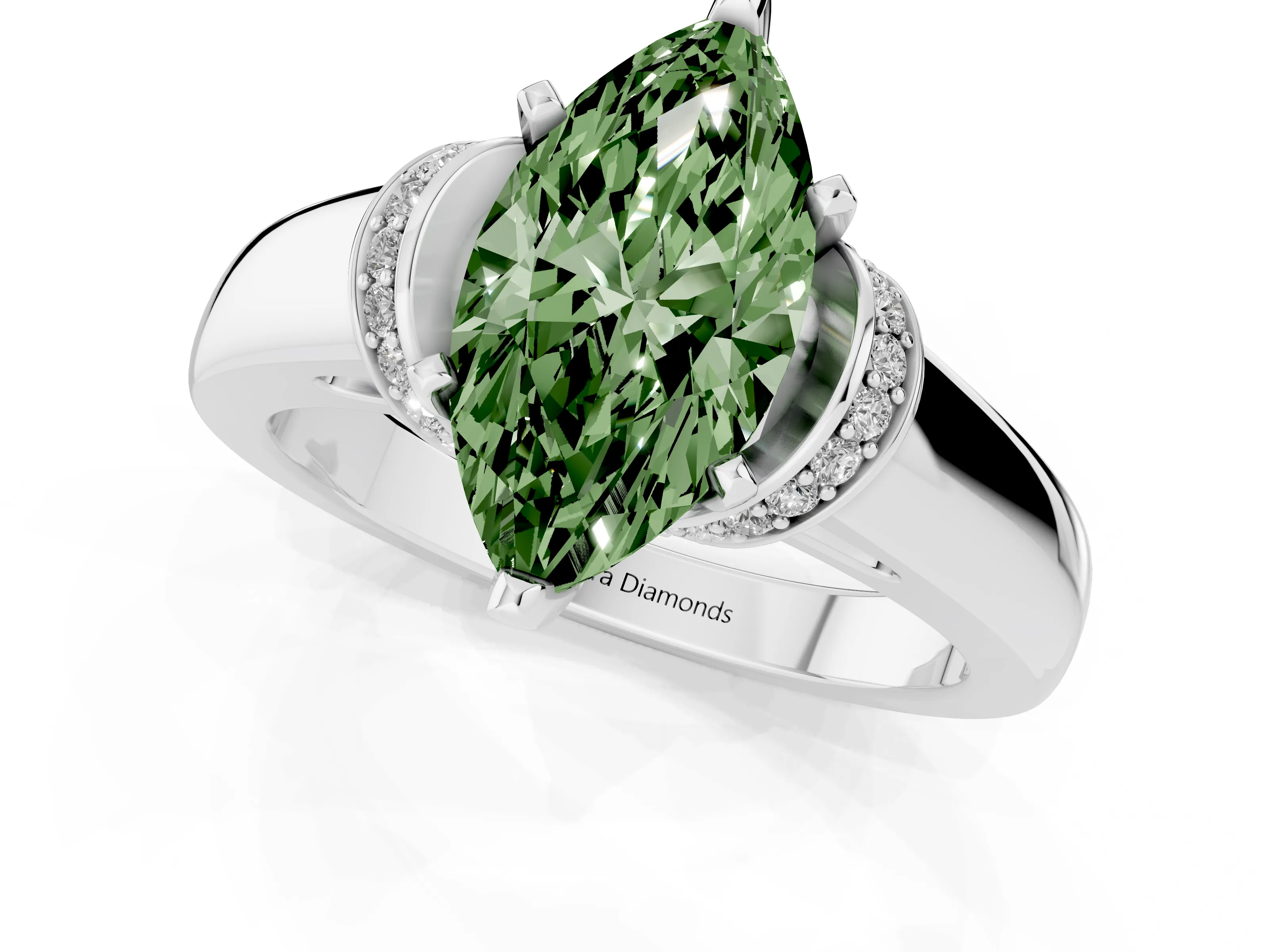 Fancy Green Marquise Cut Diamond Pavé Band Solitaire Ring Set in Silver with Prong Setting