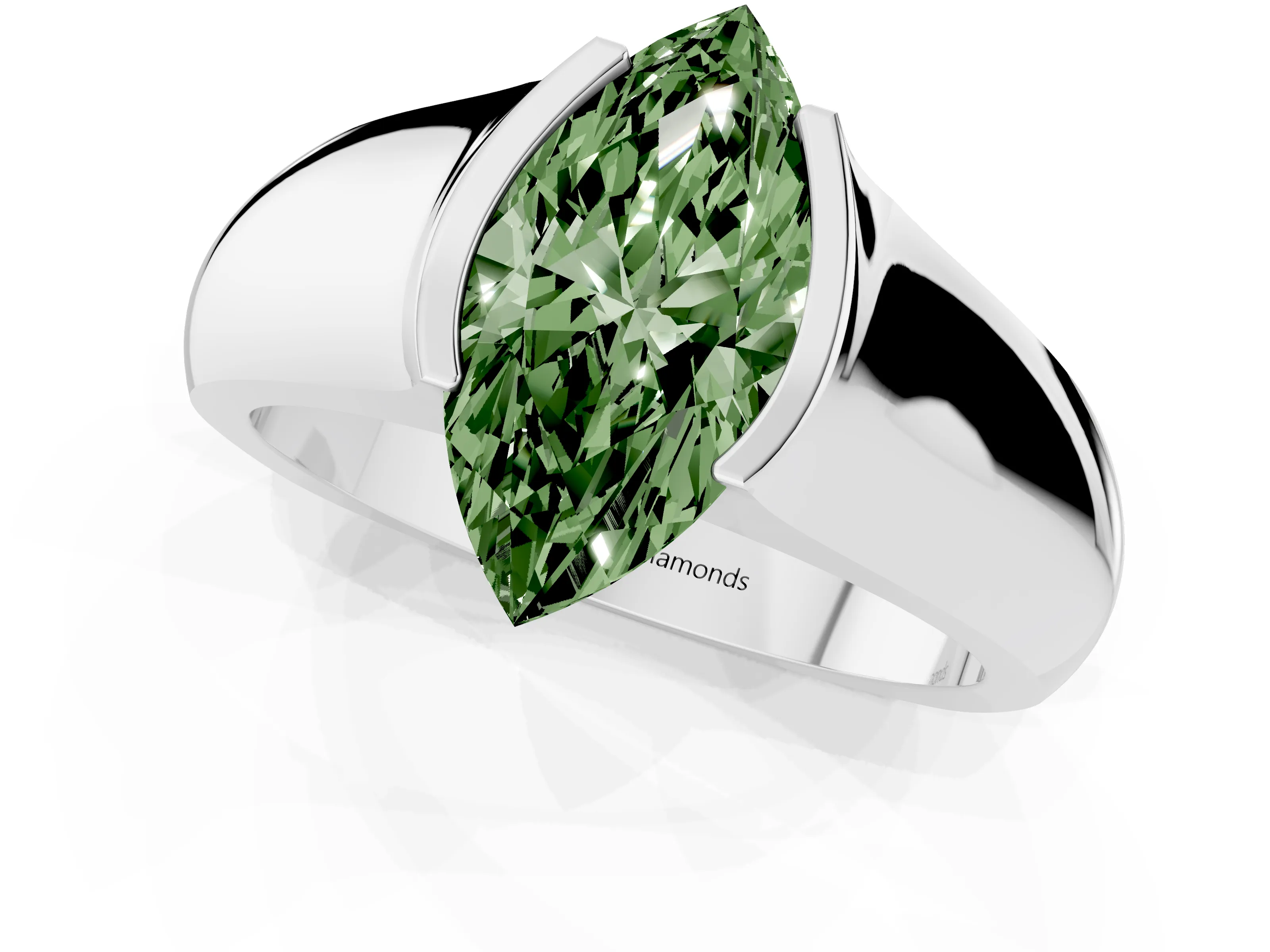 Fancy Green Marquise Cut Diamond Bezel Solitaire Ring Set in White gold with Wide Band