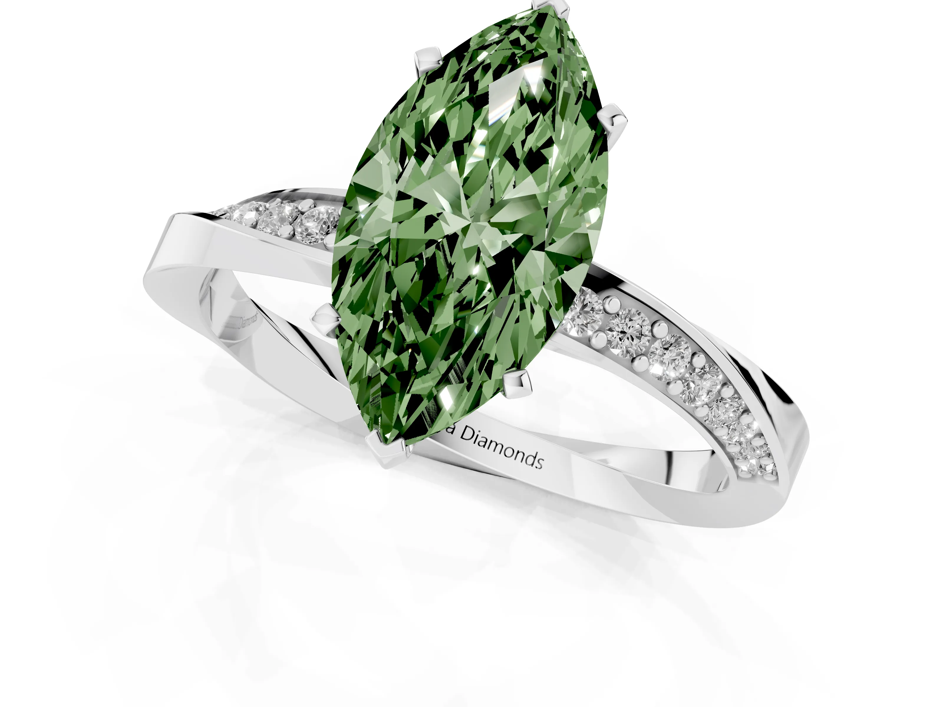 Fancy Green Marquise Cut Diamond Engagement Ring Set in Platinum with Side Stone Accents and Prong Setting – second view