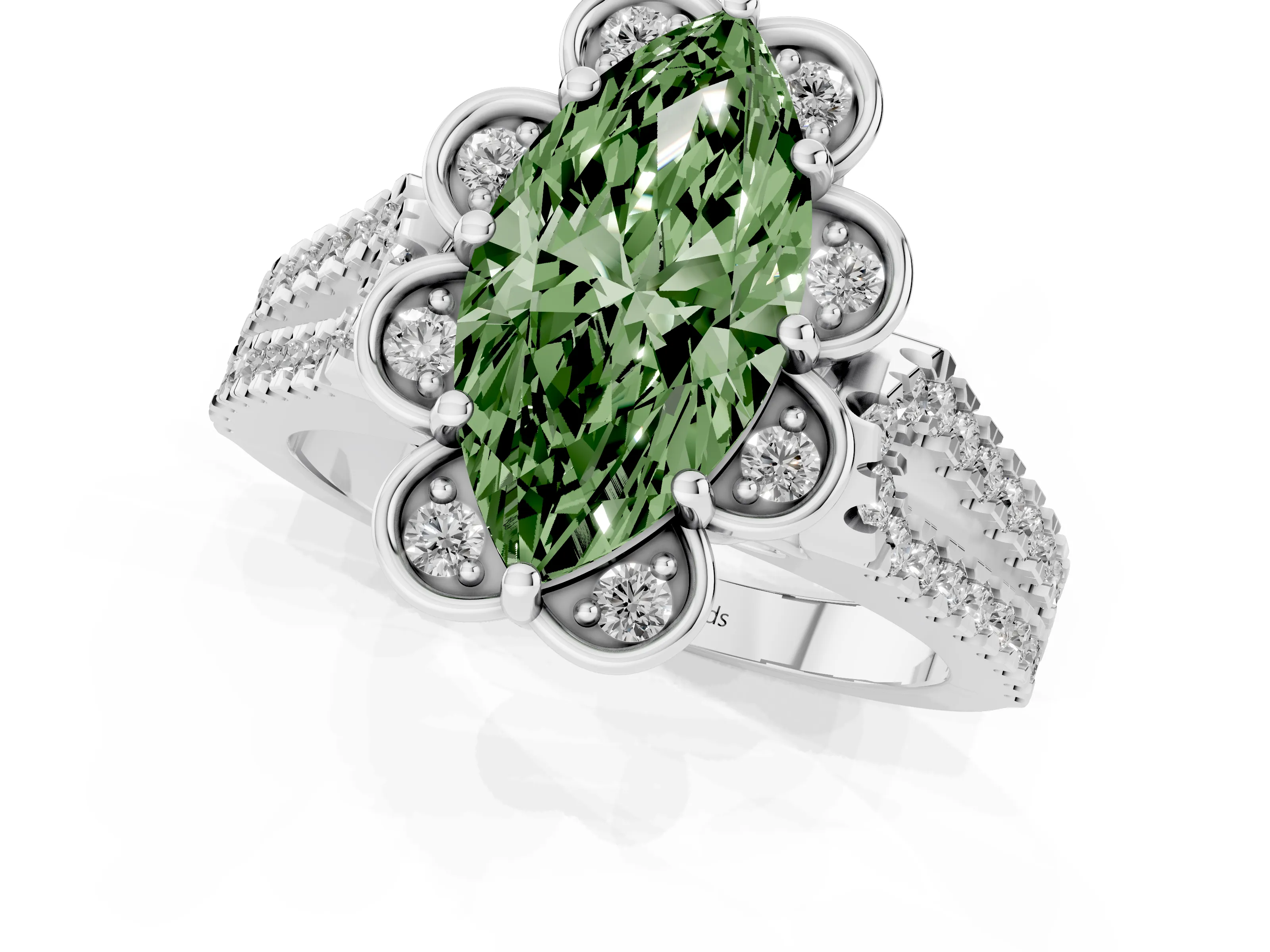 Fancy Green Marquise Cut Diamond Floral Halo Split Shank Engagement Ring Set in Platinum with Pavé Shank